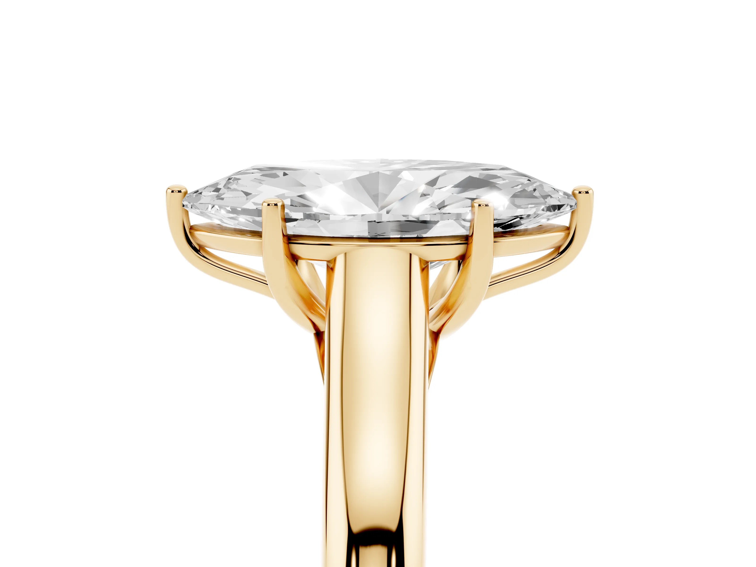 Marquise Cut Diamond Solitaire Engagement Ring Set in Yellow gold with Subtly Tapered Band and Prong Setting