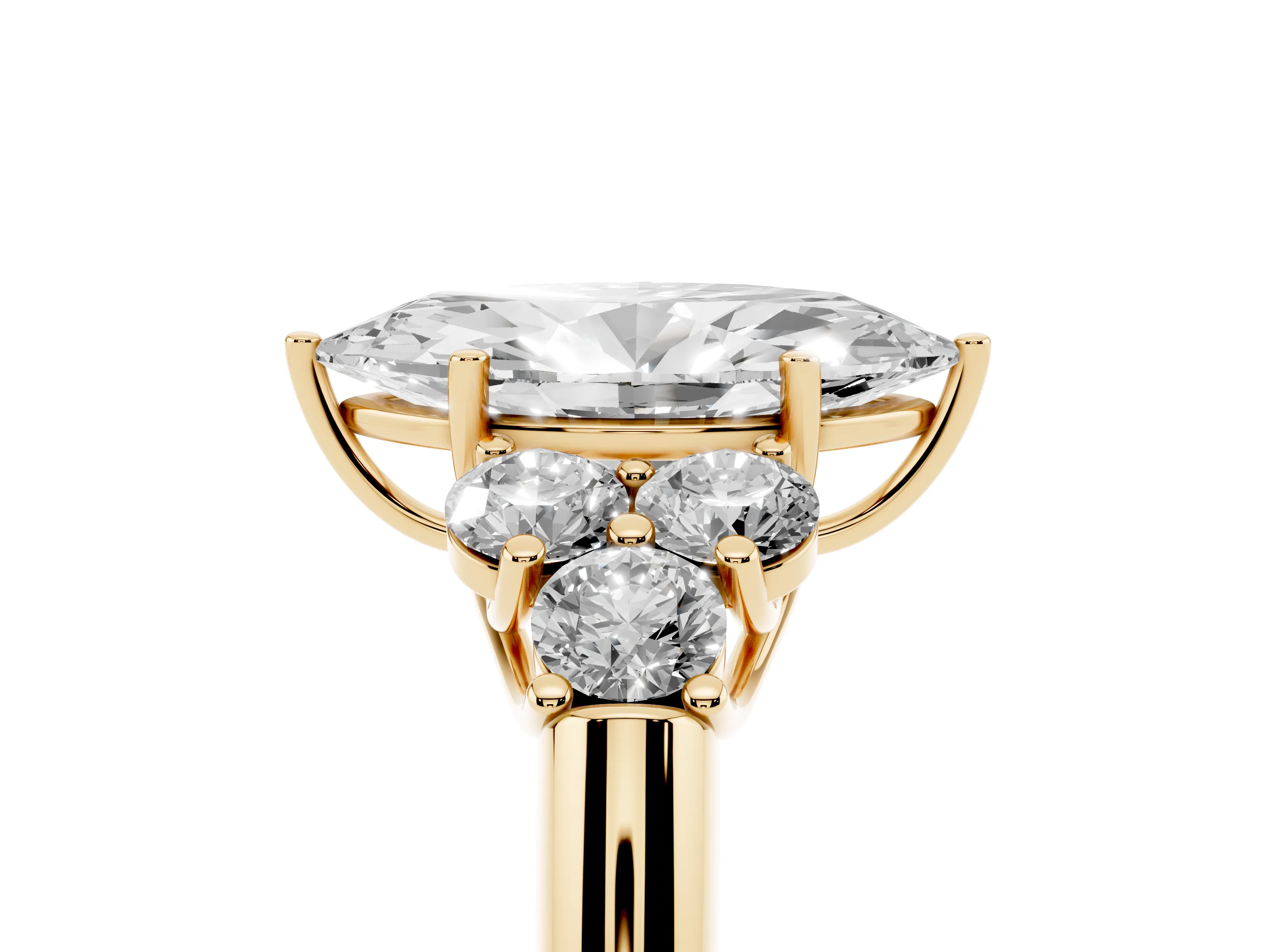 Marquise Cut Diamond Cluster Ring Set in Yellow gold with Round Accent Stones and Prong Setting on a Plain Band