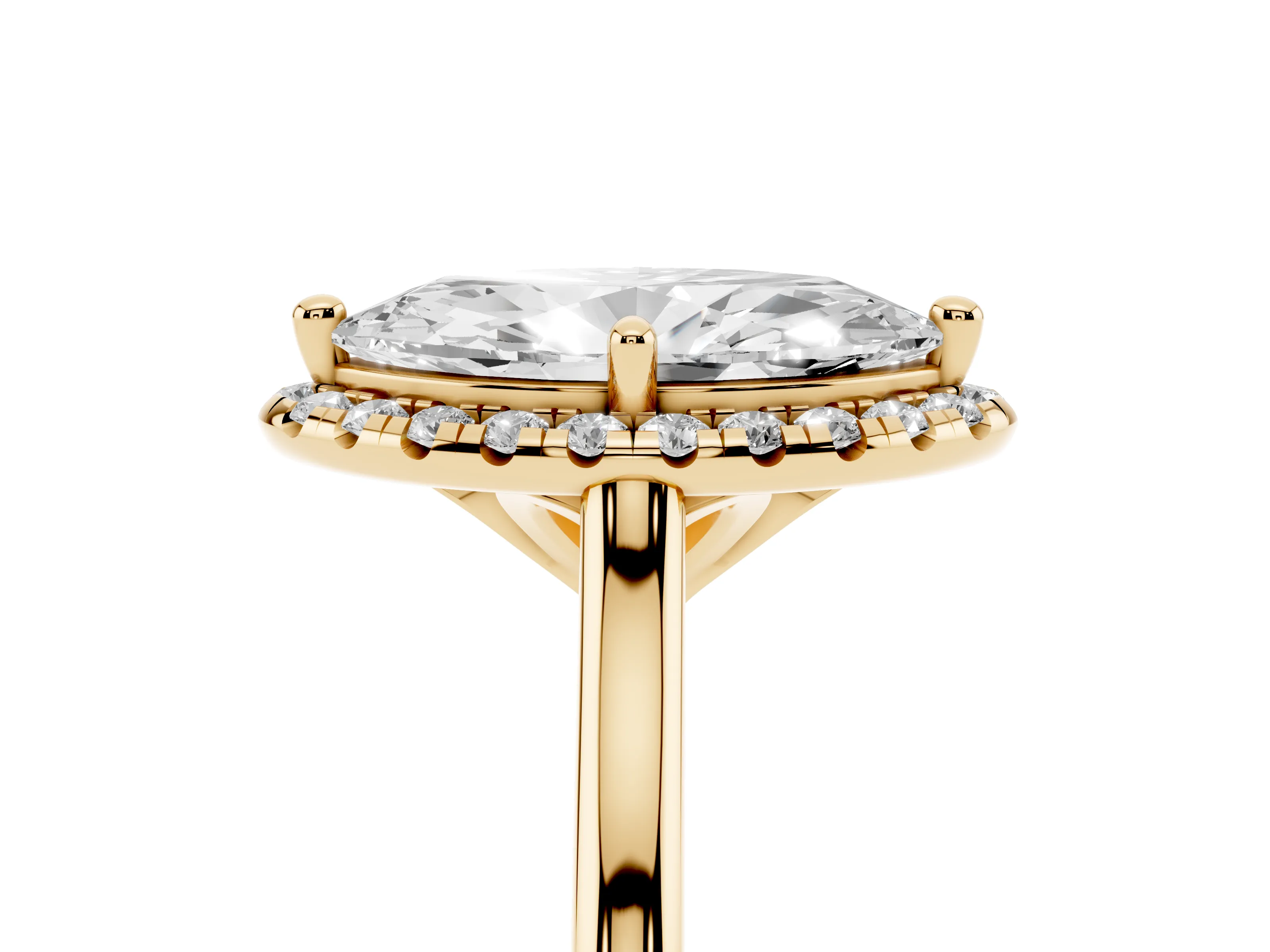 Marquise Cut Diamond Halo Engagement Ring Set in Yellow gold with Pavé Band and Rising Shoulders
