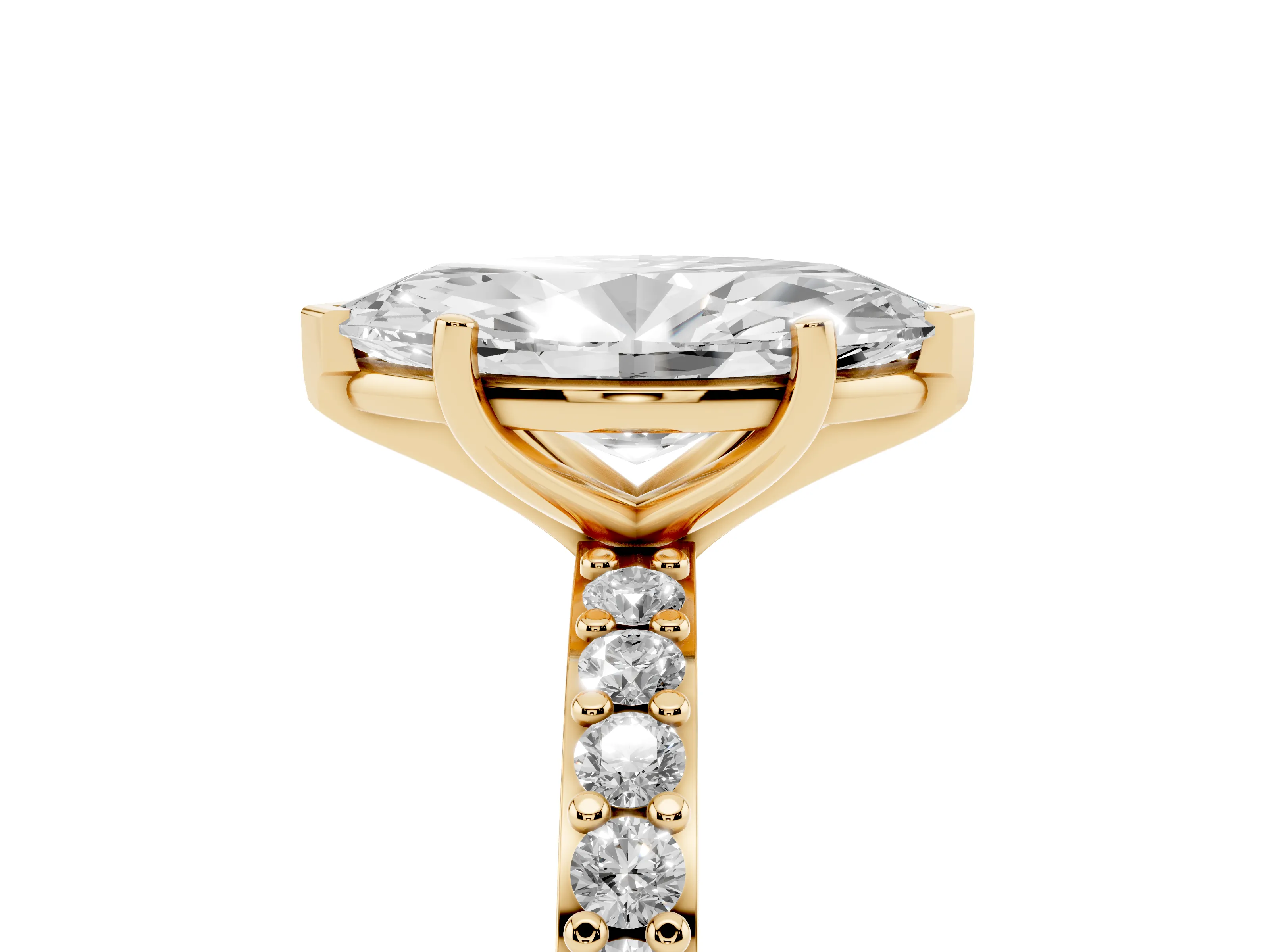 Marquise Cut Diamond Solitaire Set in Yellow gold with Round Pavé Band and Prong Setting