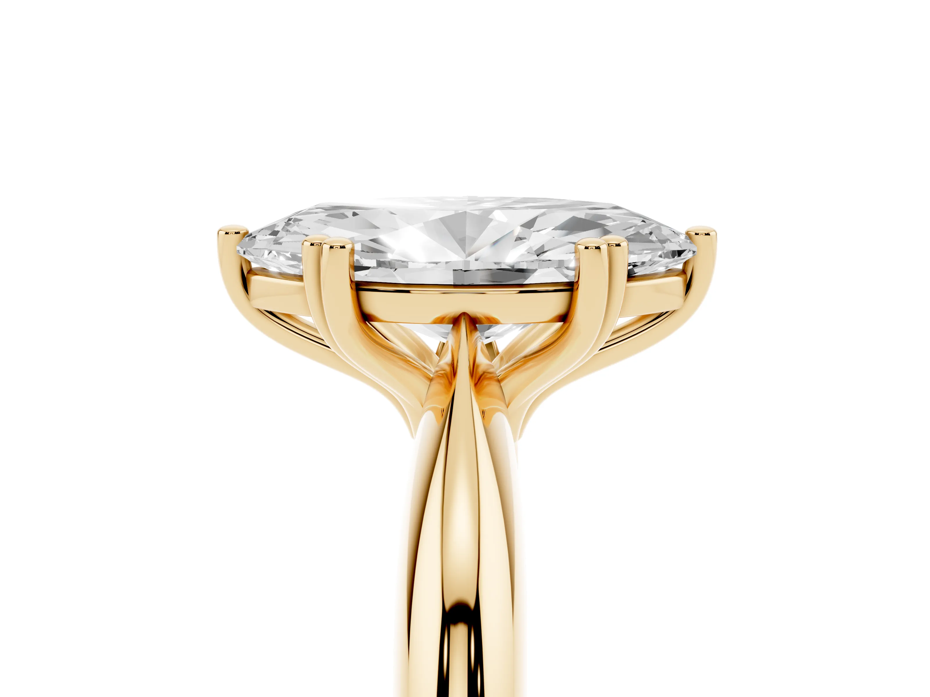 Marquise Cut Diamond Solitaire Engagement Ring Set in Yellow gold with Tapered Band and Prong Setting