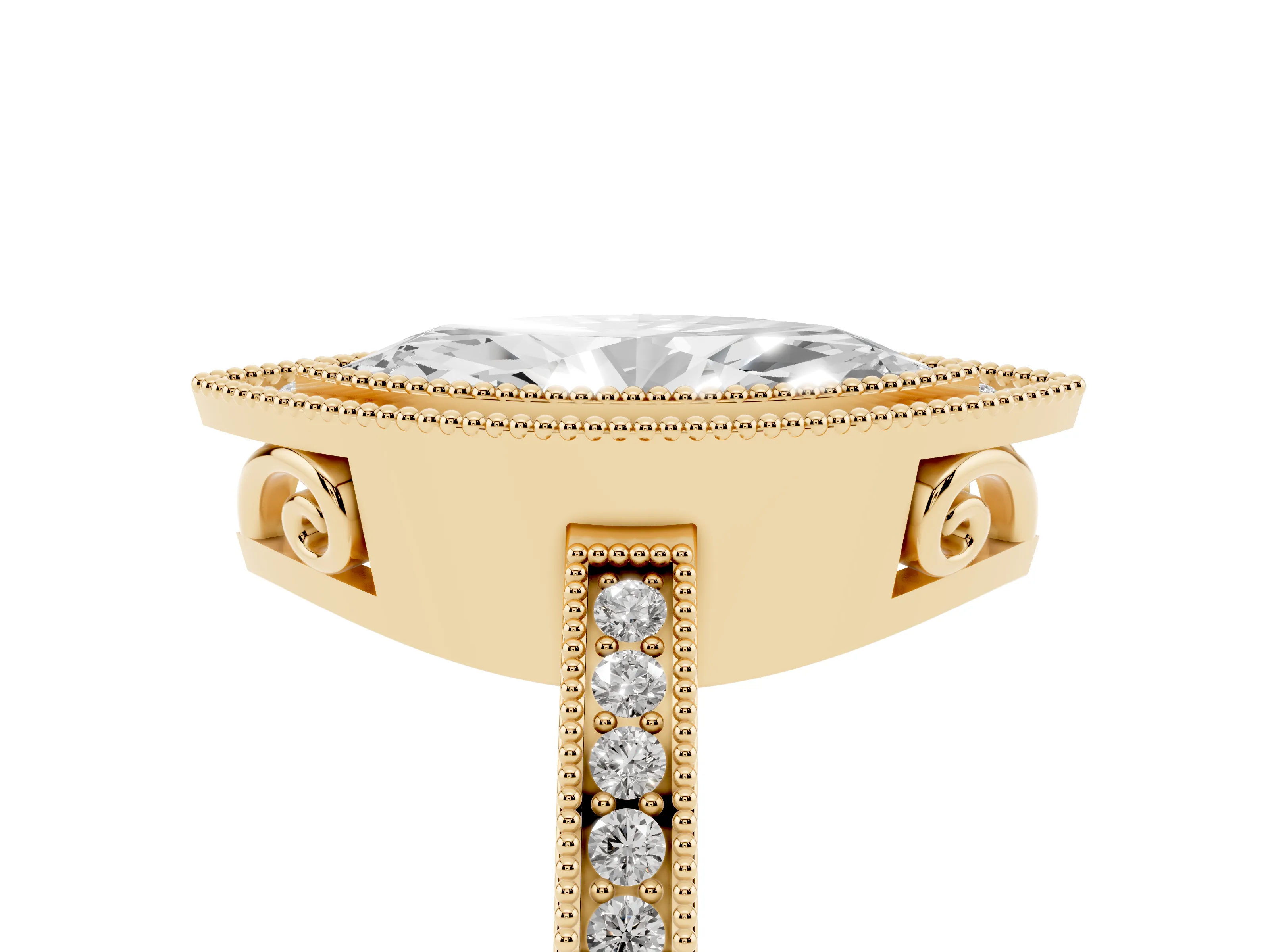Marquise Cut Diamond Halo Ring Set in Yellow gold with Pavé Band and Milgrain-Edged Prongs