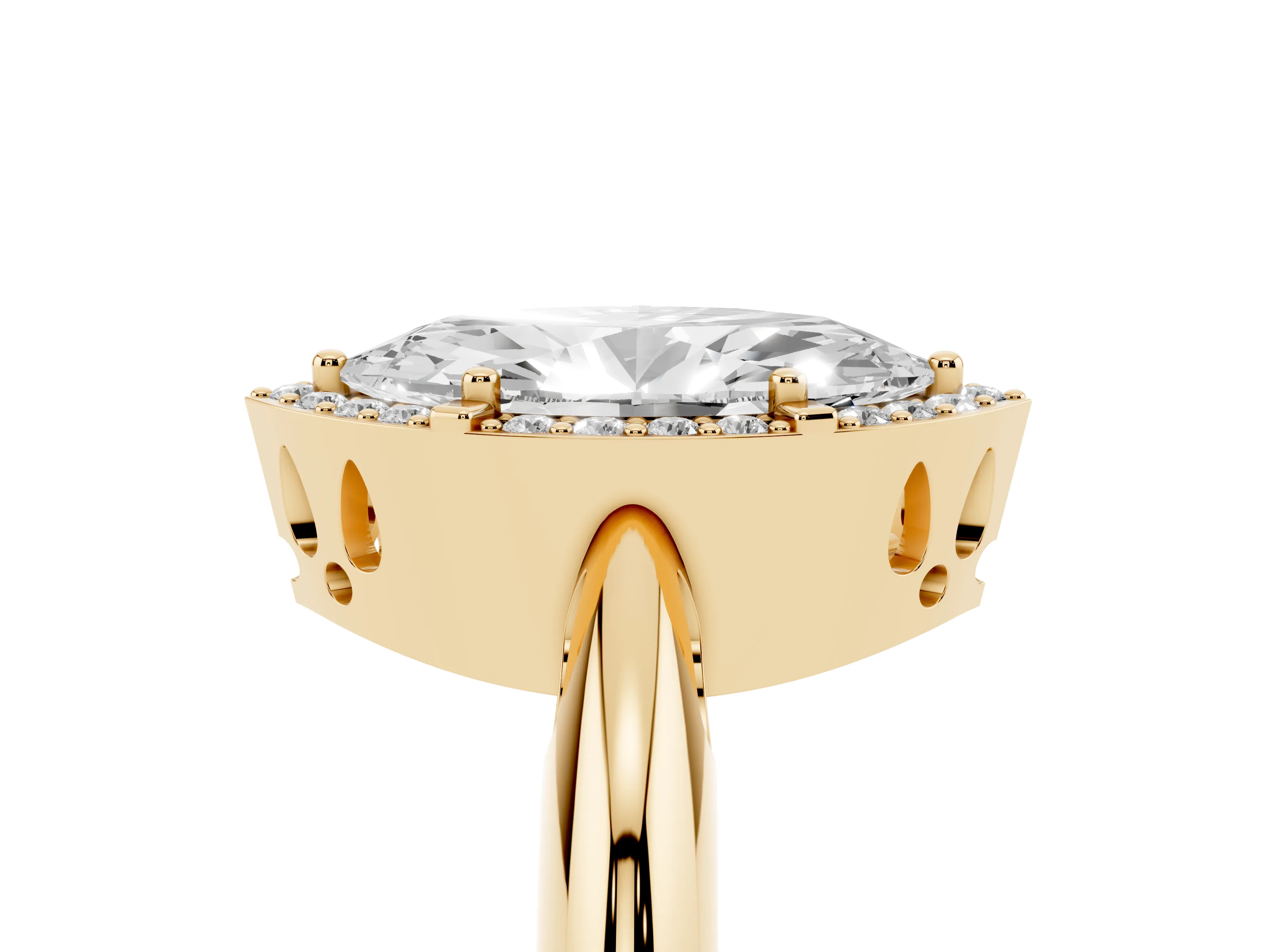 Marquise Cut Diamond Halo Engagement Ring Set in Yellow gold with Plain Split Shank and Prong Setting