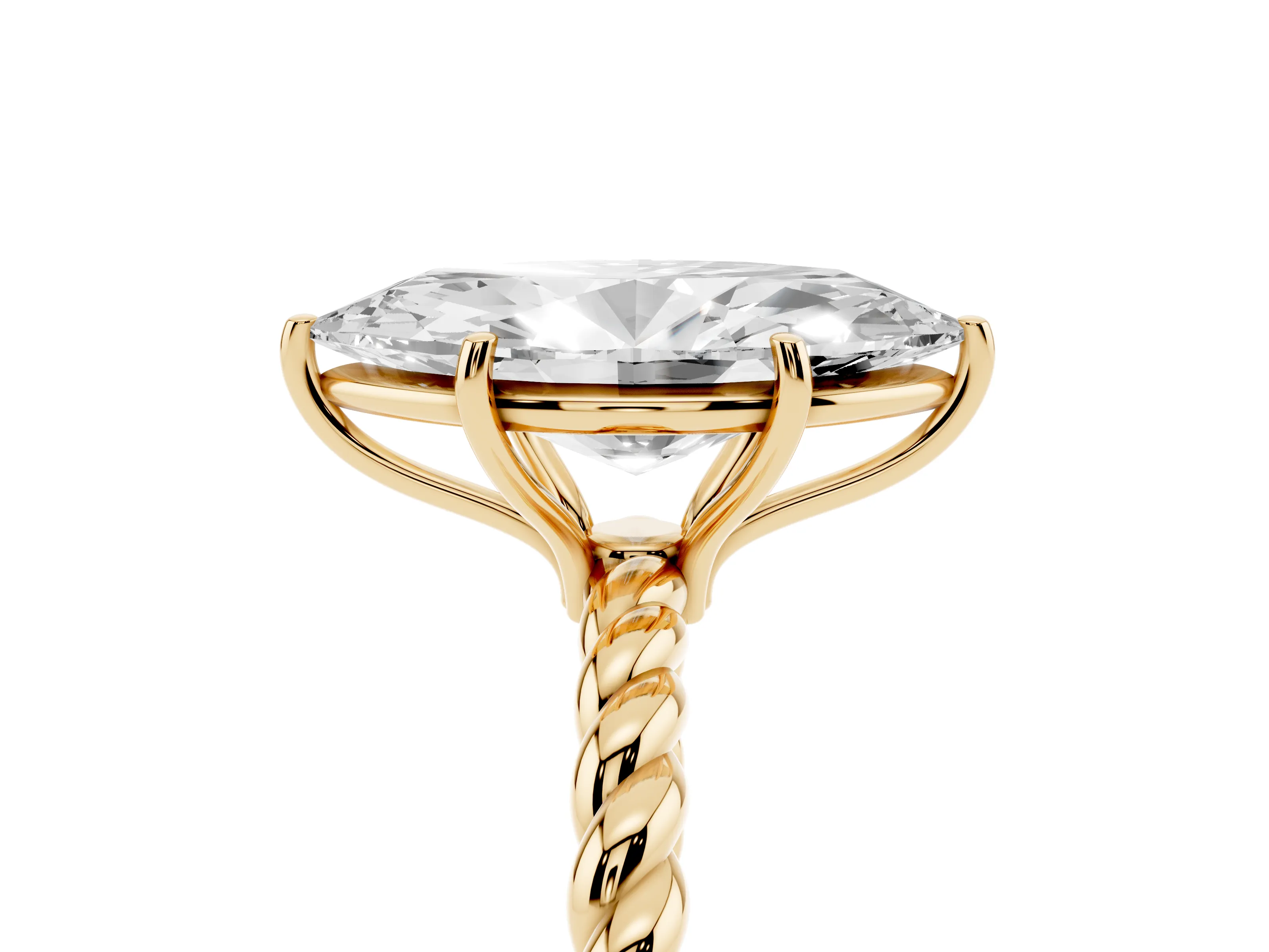 Marquise Cut Diamond Solitaire Ring Set in Yellow gold with Twist Band and Prong Setting