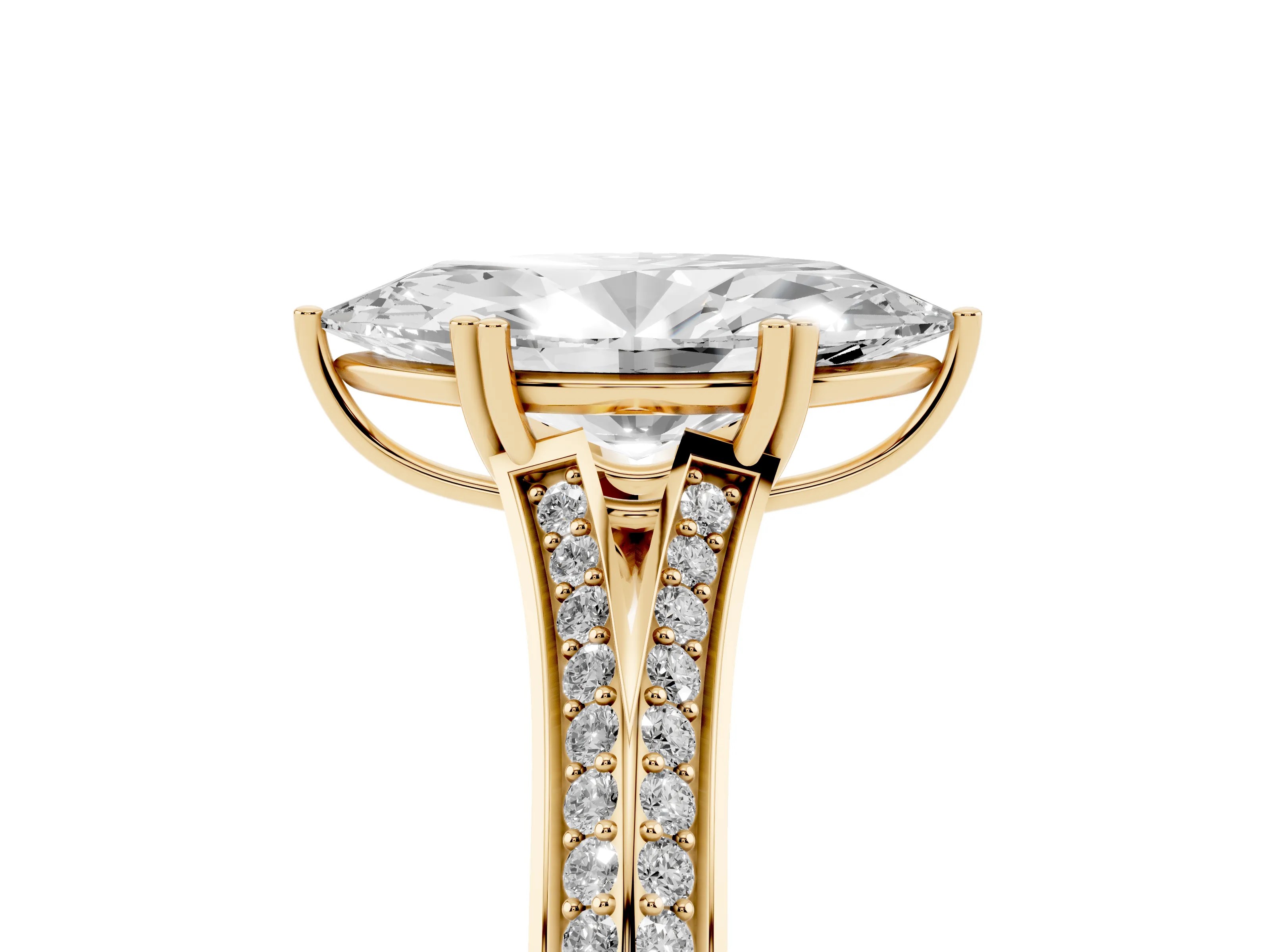 Marquise Cut Diamond Split Shank Pavé Engagement Ring Set in Yellow gold with Prong-Set Center Stone