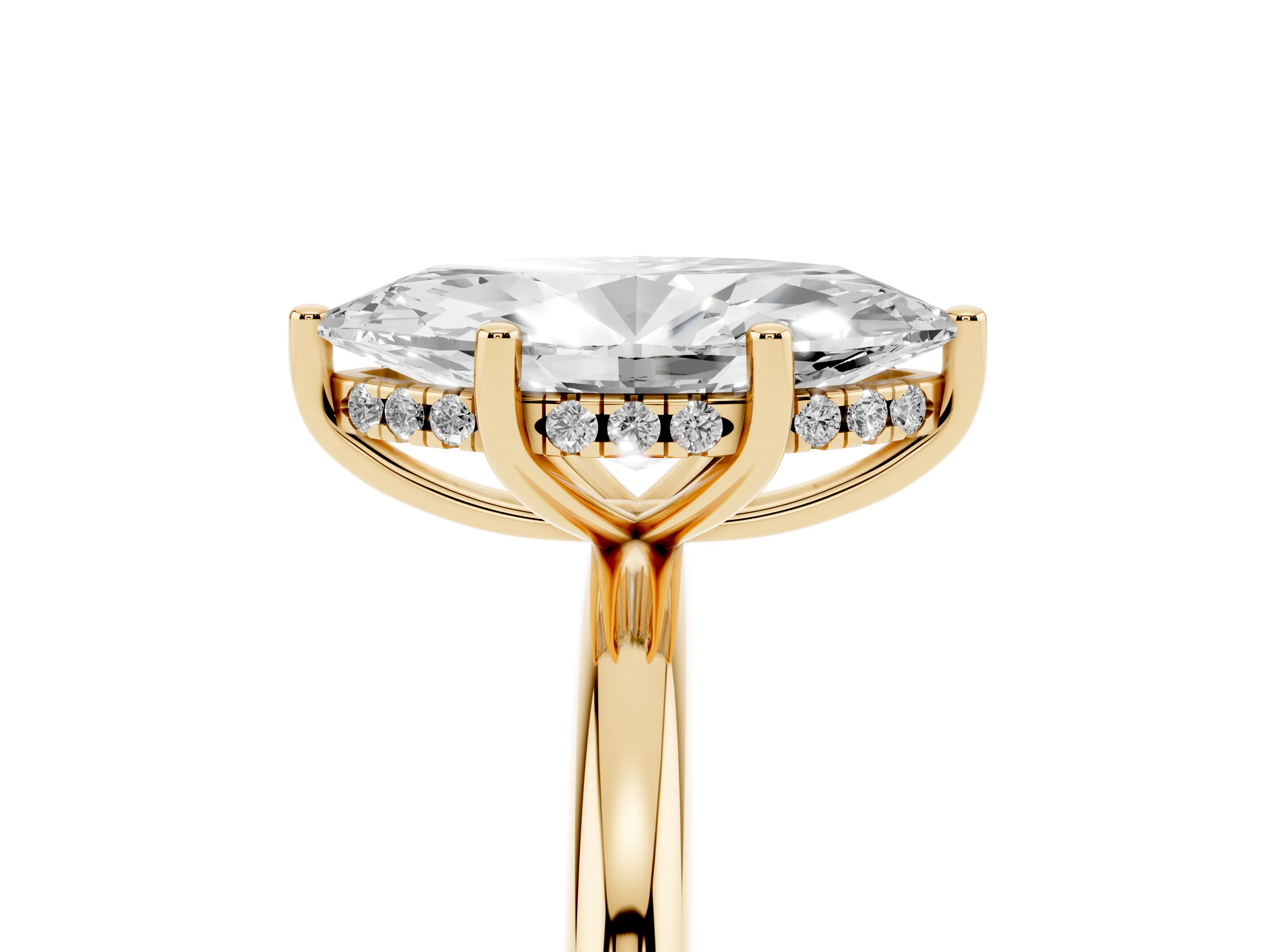 Marquise Cut Diamond Solitaire Engagement Ring Set in Yellow gold with Prong Setting and Polished Band
