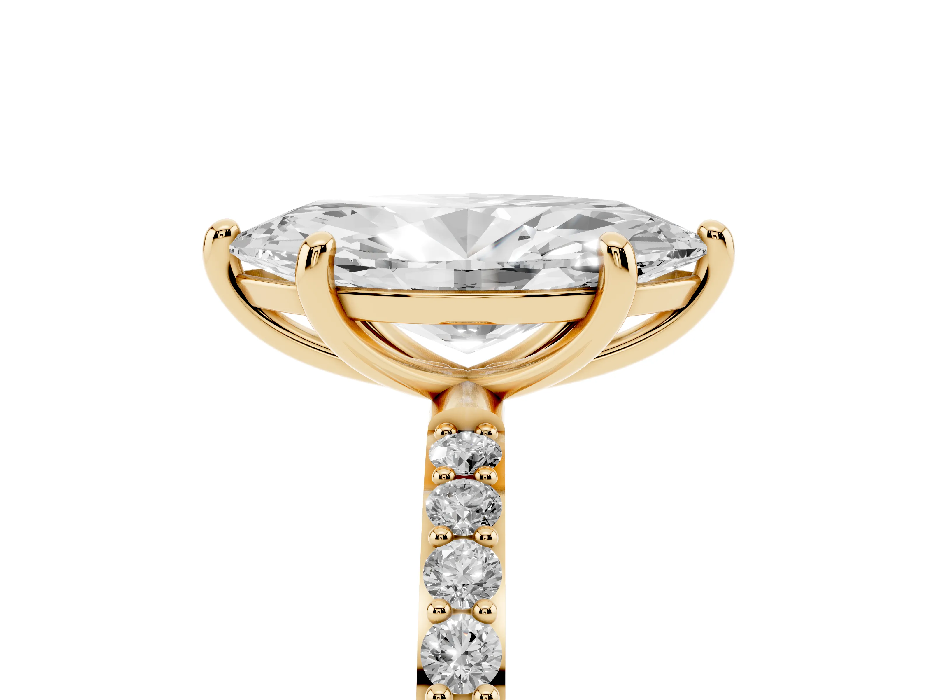 Marquise Cut Diamond Solitaire Ring Set in Yellow gold with Round Pavé Band and Prong Setting