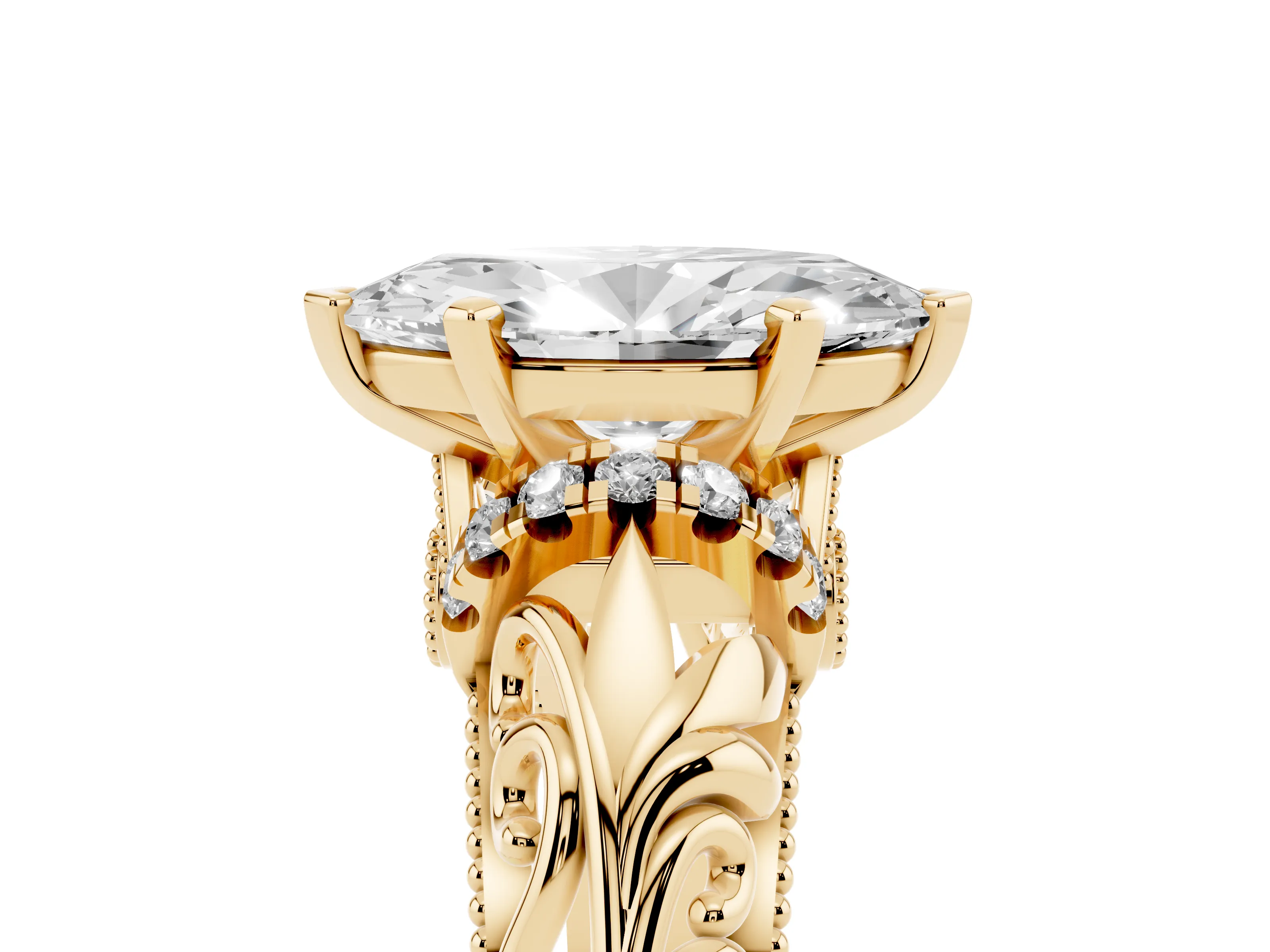 Marquise Cut Diamond Filigree Halo Engagement Ring Set in Yellow gold with Prong Setting