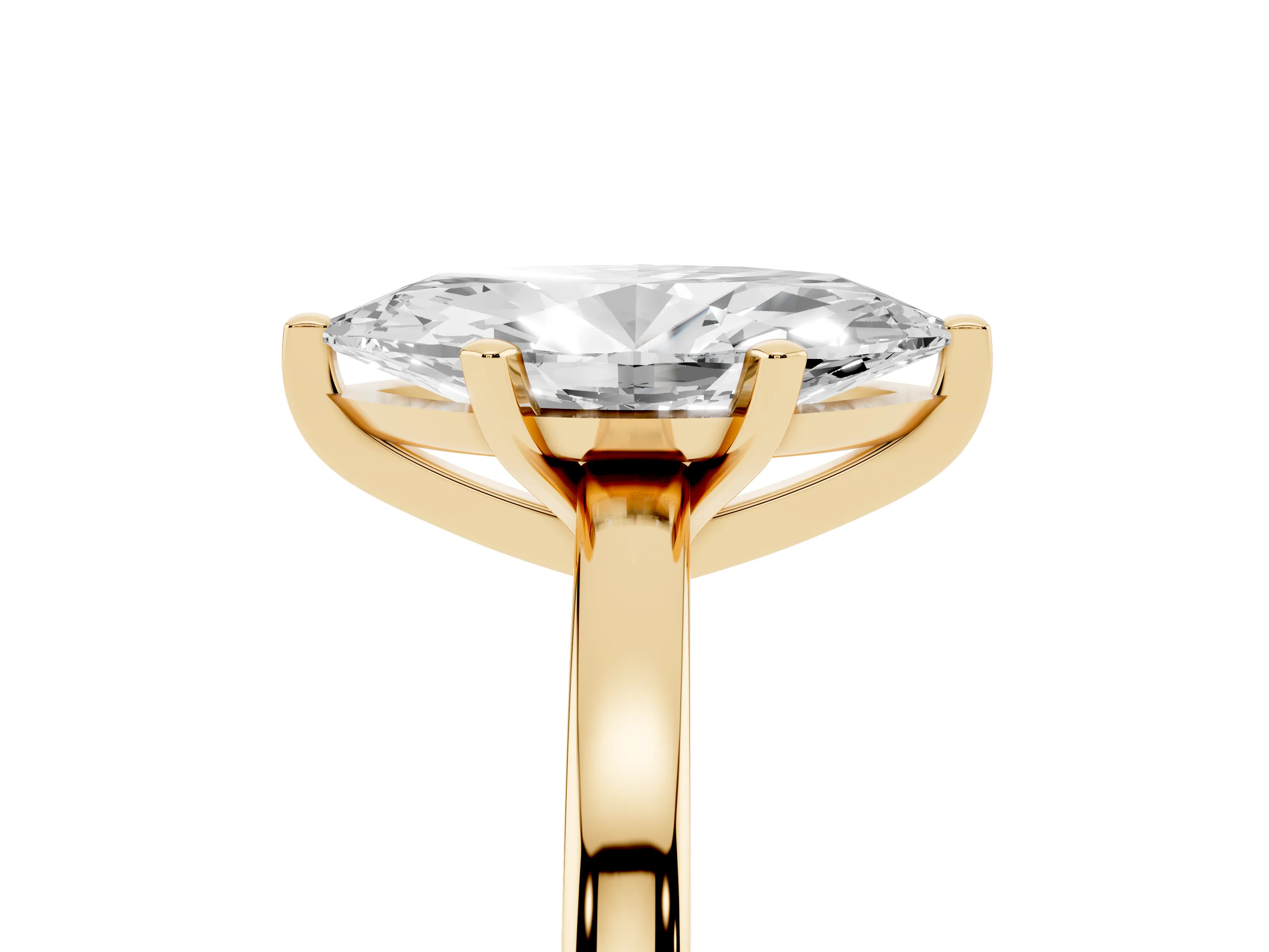 Marquise Cut Diamond Solitaire Engagement Ring Set in Yellow gold with Prong Setting on a Classic Band