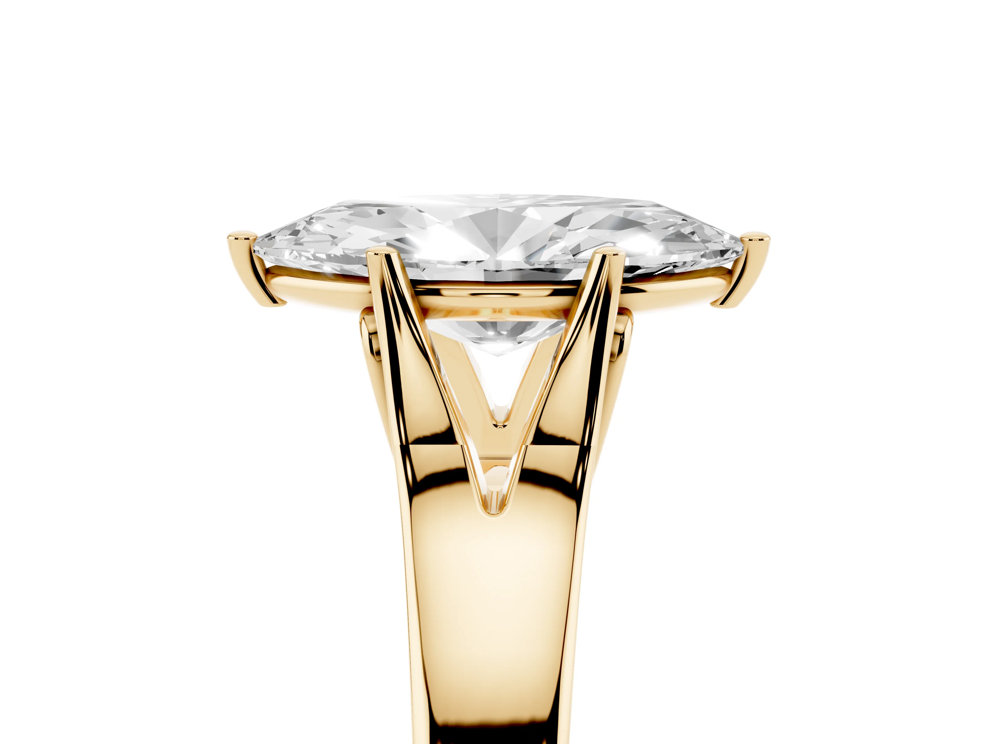 Marquise Cut Diamond Solitaire Ring Set in Yellow gold with Arched Cathedral Band and Prong Setting