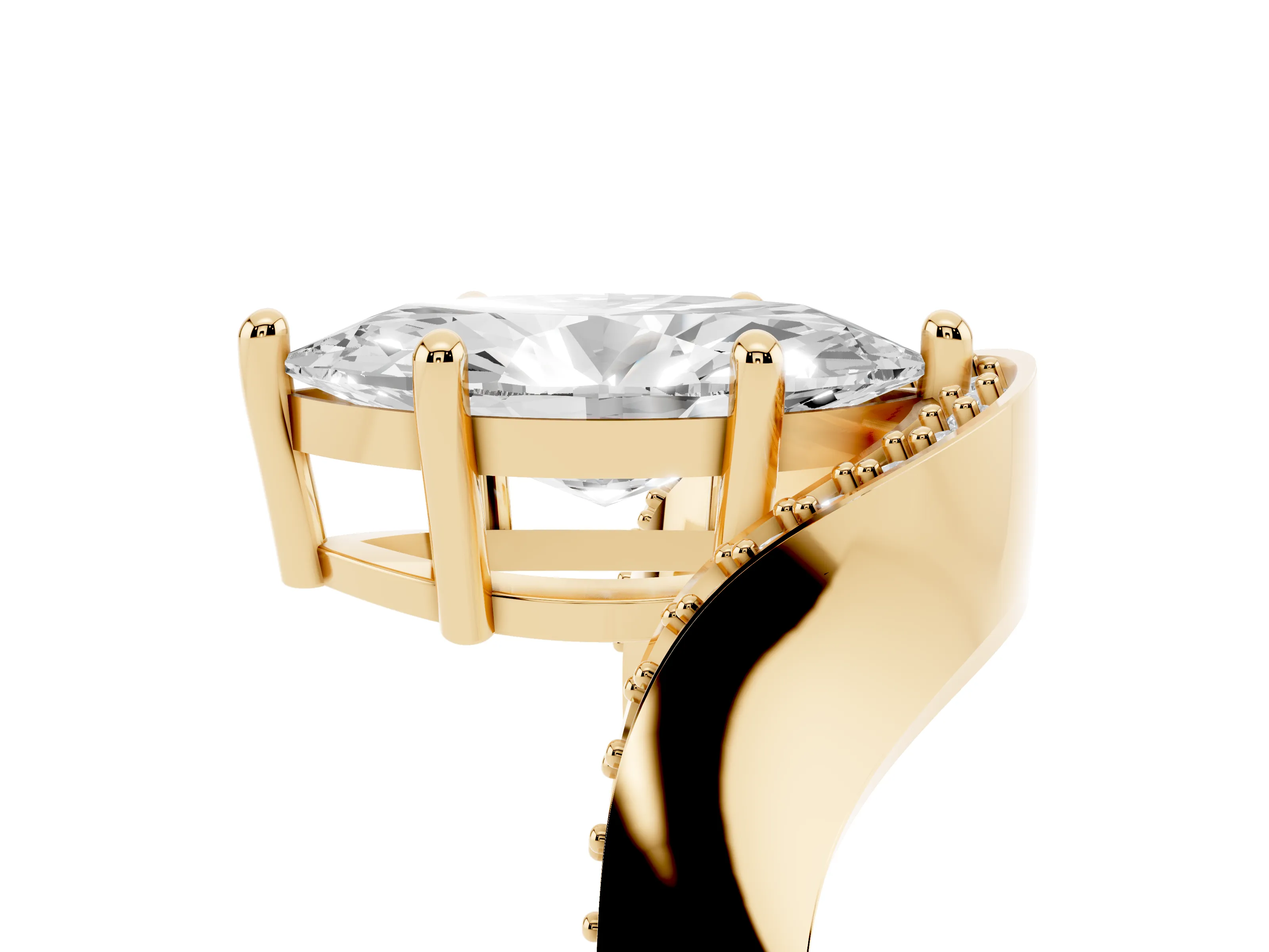 Marquise Cut Diamond Solitaire Engagement Ring Set in Yellow gold with Pavé Shoulders
