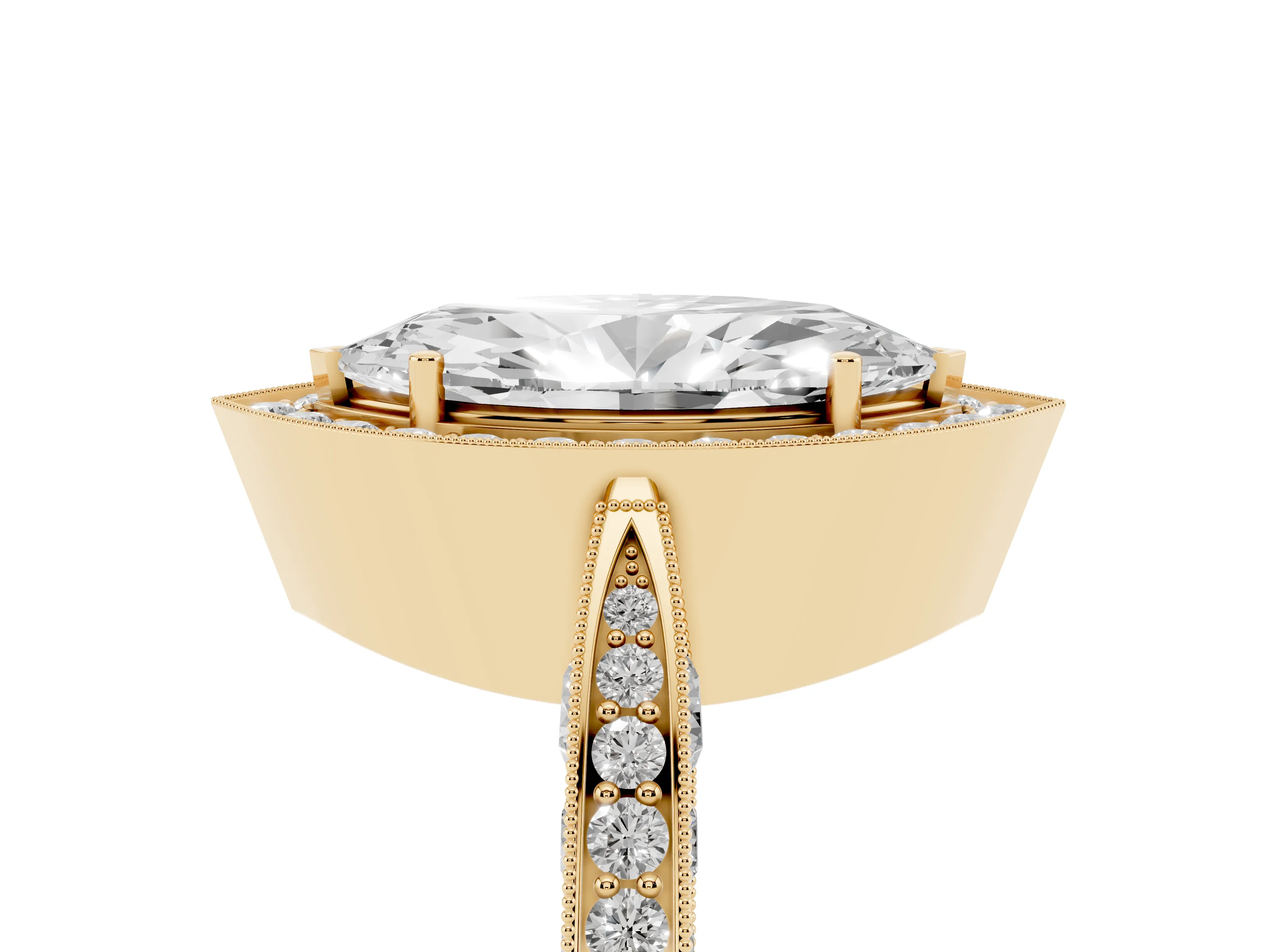 Marquise Cut Diamond Halo Engagement Ring Set in Yellow gold with Accent Split Shank Band