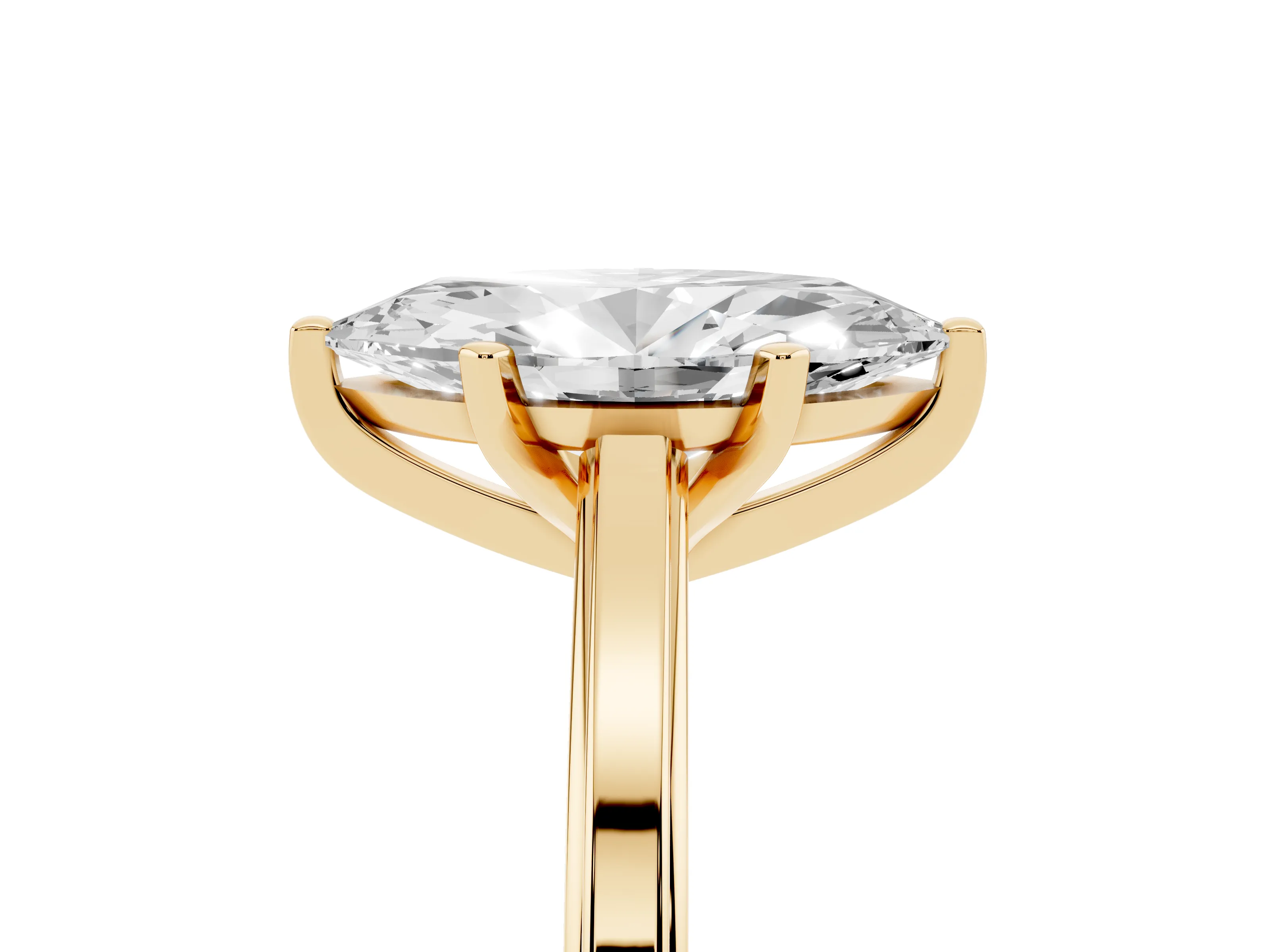 Marquise Cut Diamond Solitaire Ring Set in Yellow gold with Prong Setting and Classic Band