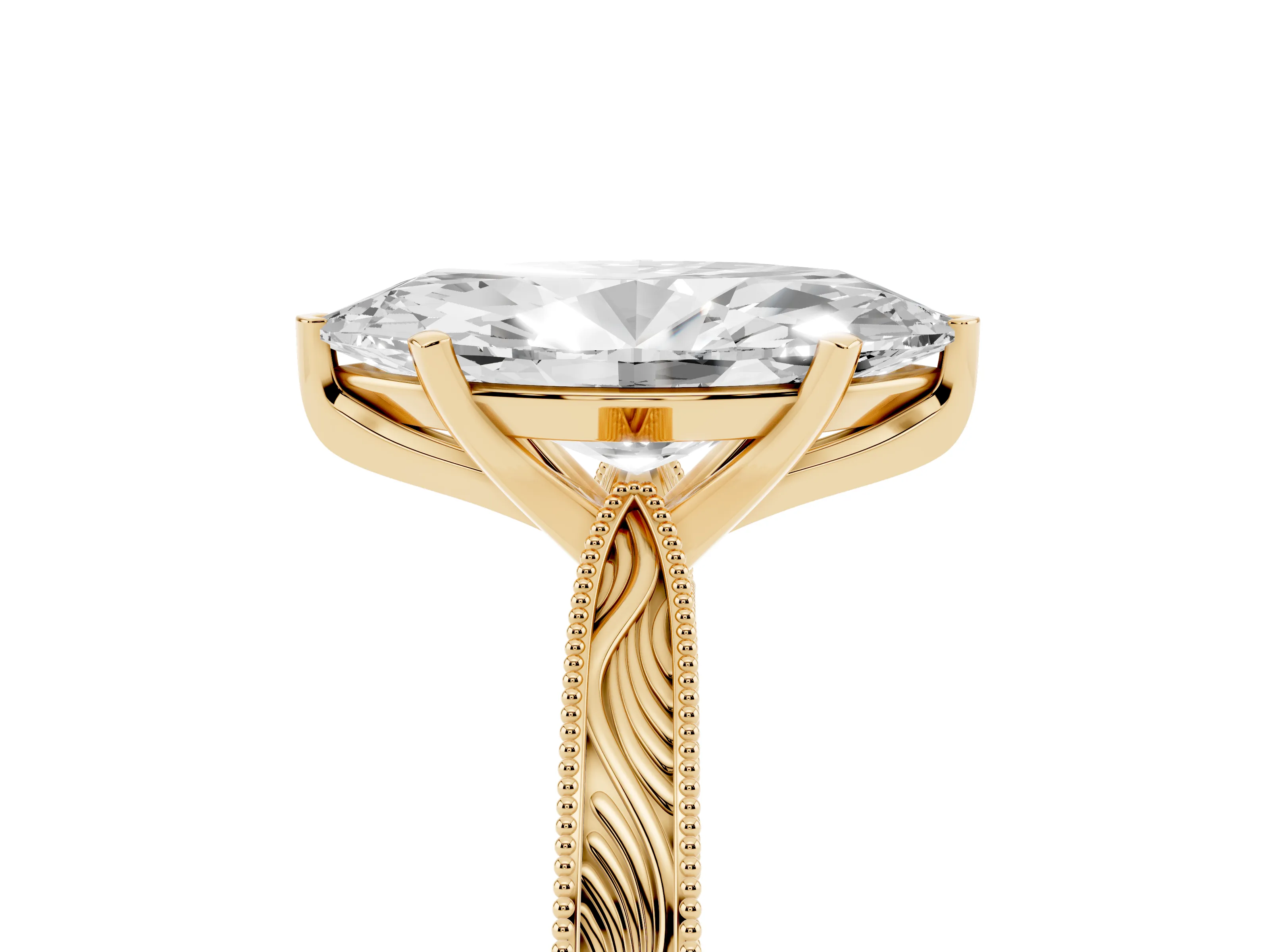 Marquise Cut Diamond Solitaire Milgrain Engraved Band Set in Yellow gold with Prong Setting