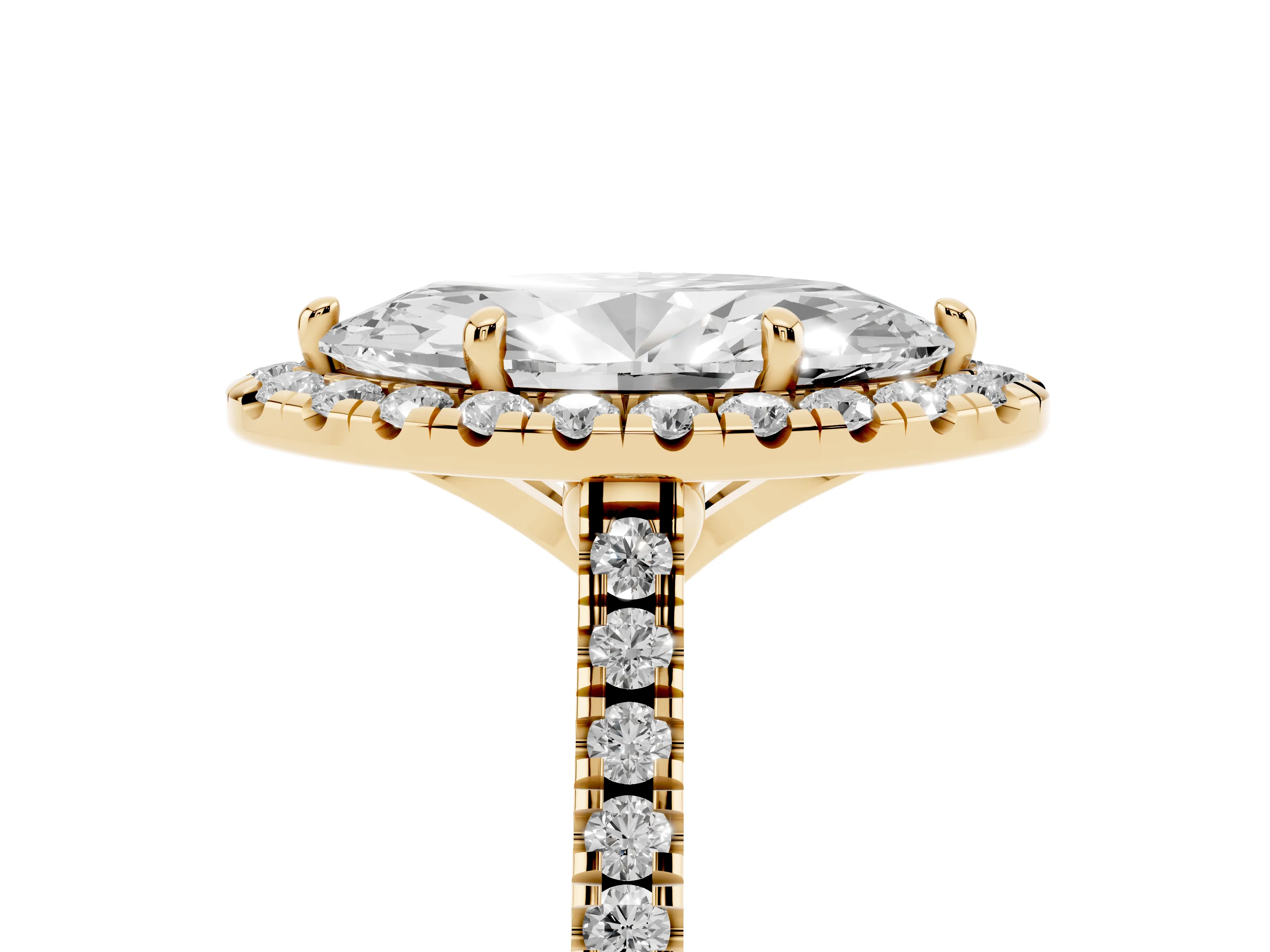 Marquise Cut Diamond Cushion Halo Ring Set in Yellow gold with Pavé Band