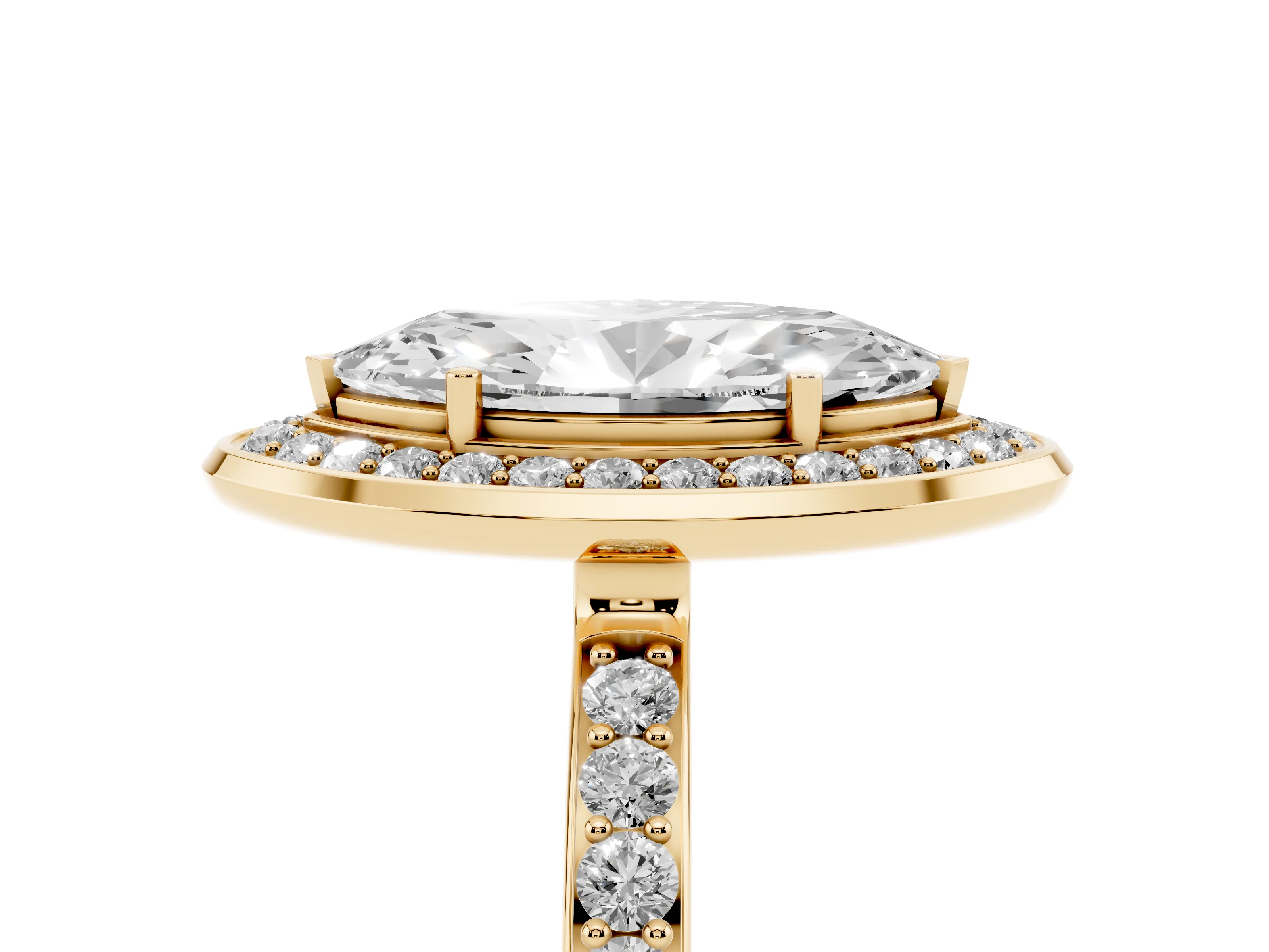 Marquise Cut Diamond Halo Ring Set in Yellow gold with Bezel Frame and Pavé Band