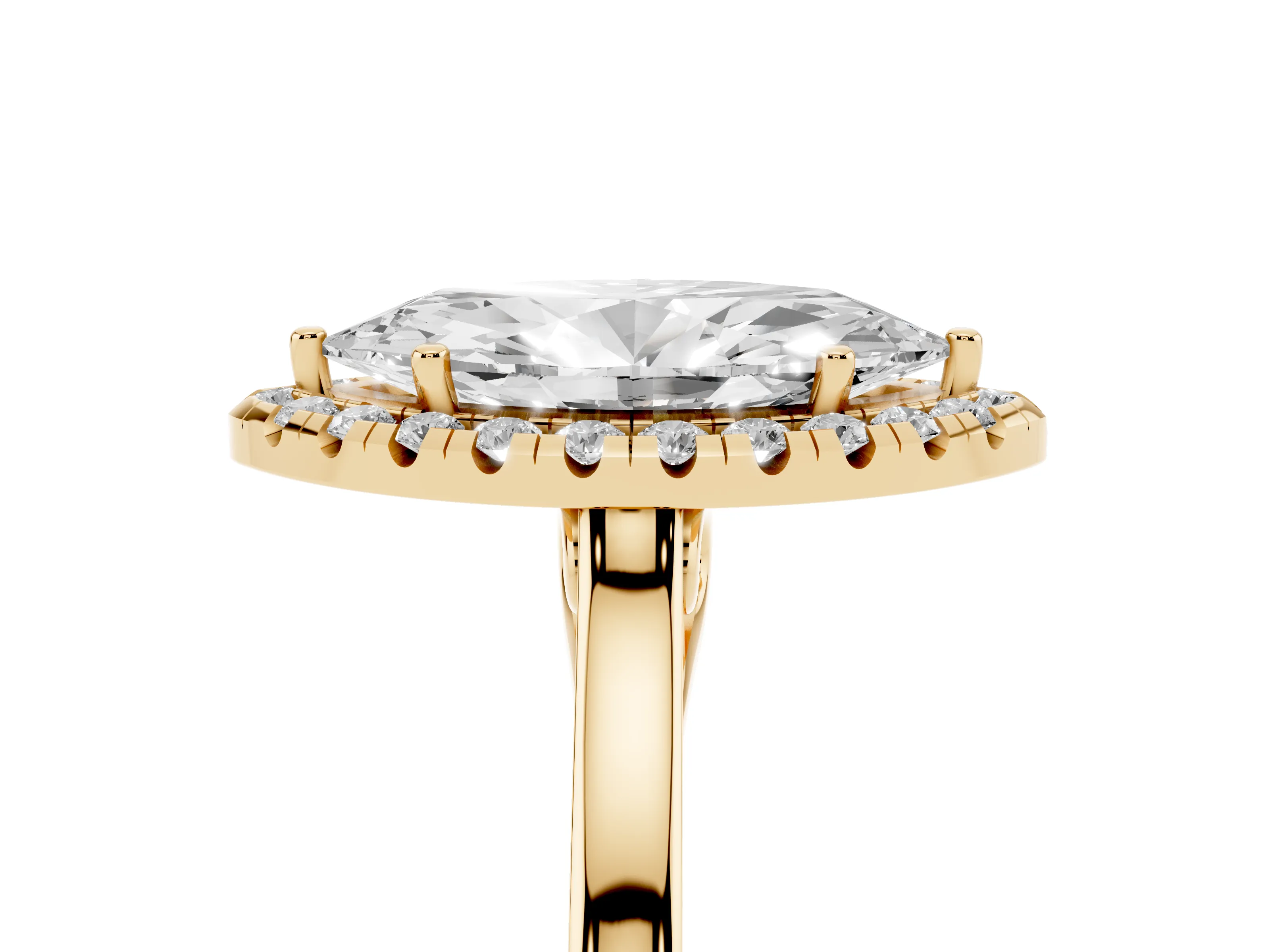 Marquise Cut Halo Round Diamond Solitaire Ring Set in Yellow gold with Pavé Band and Prong Setting
