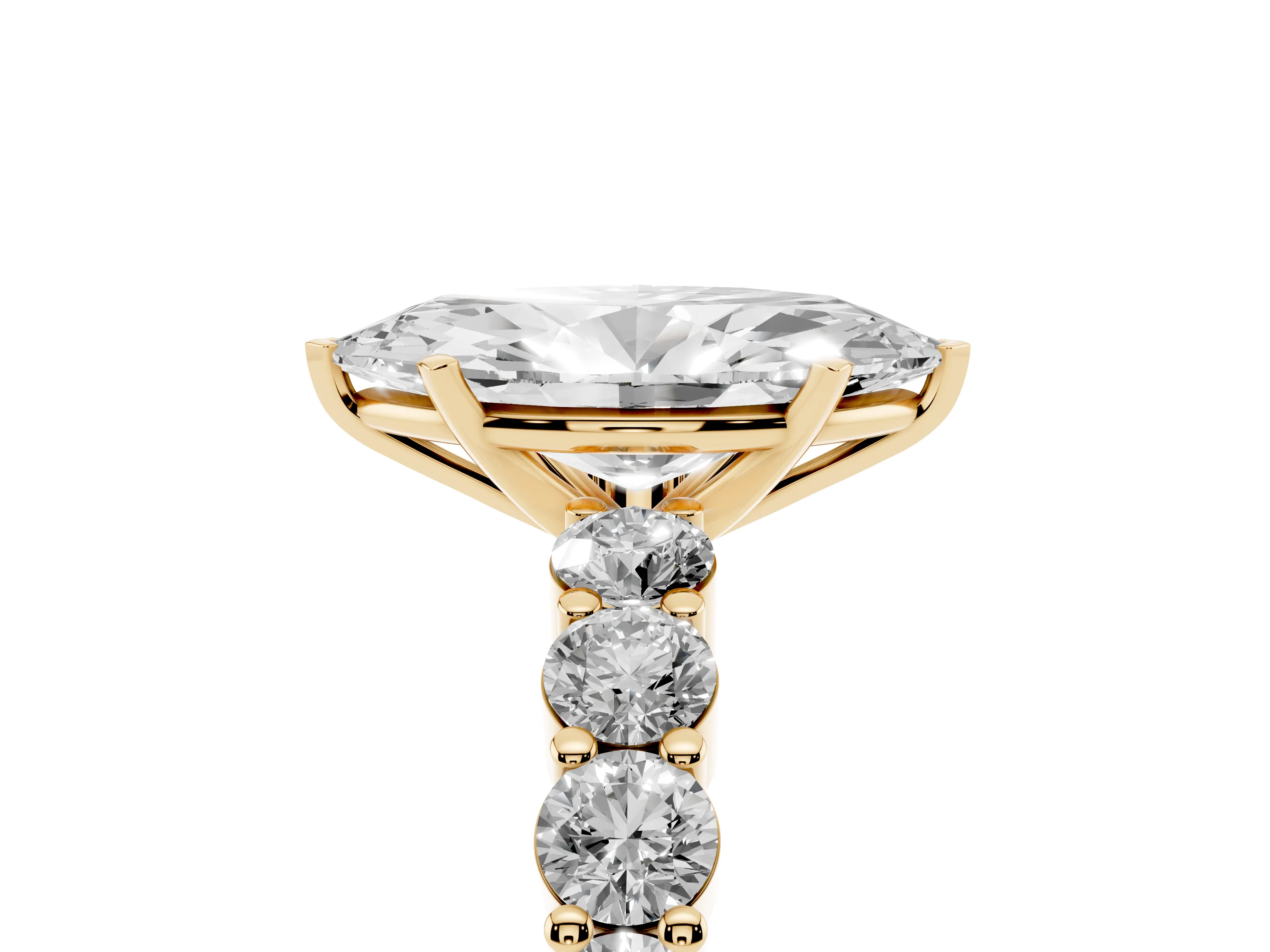Marquise Cut Diamond Solitaire Ring Set in Yellow gold with Shared Prong Round Side Stones