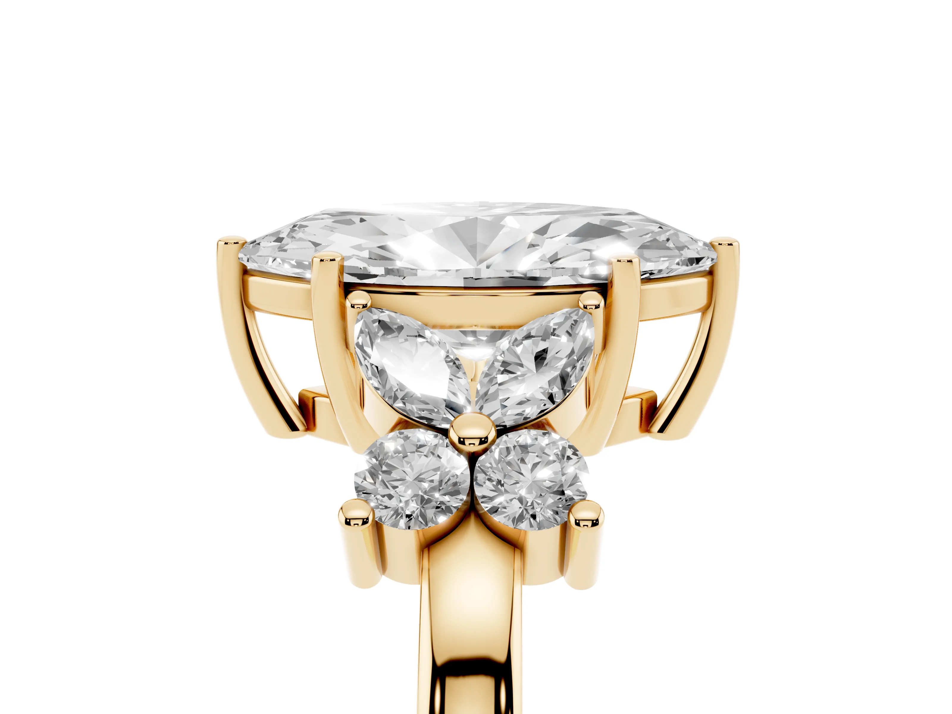 Marquise Cut Diamond Floral Cluster Ring Set in Yellow gold with Marquise Petals and Prong Setting