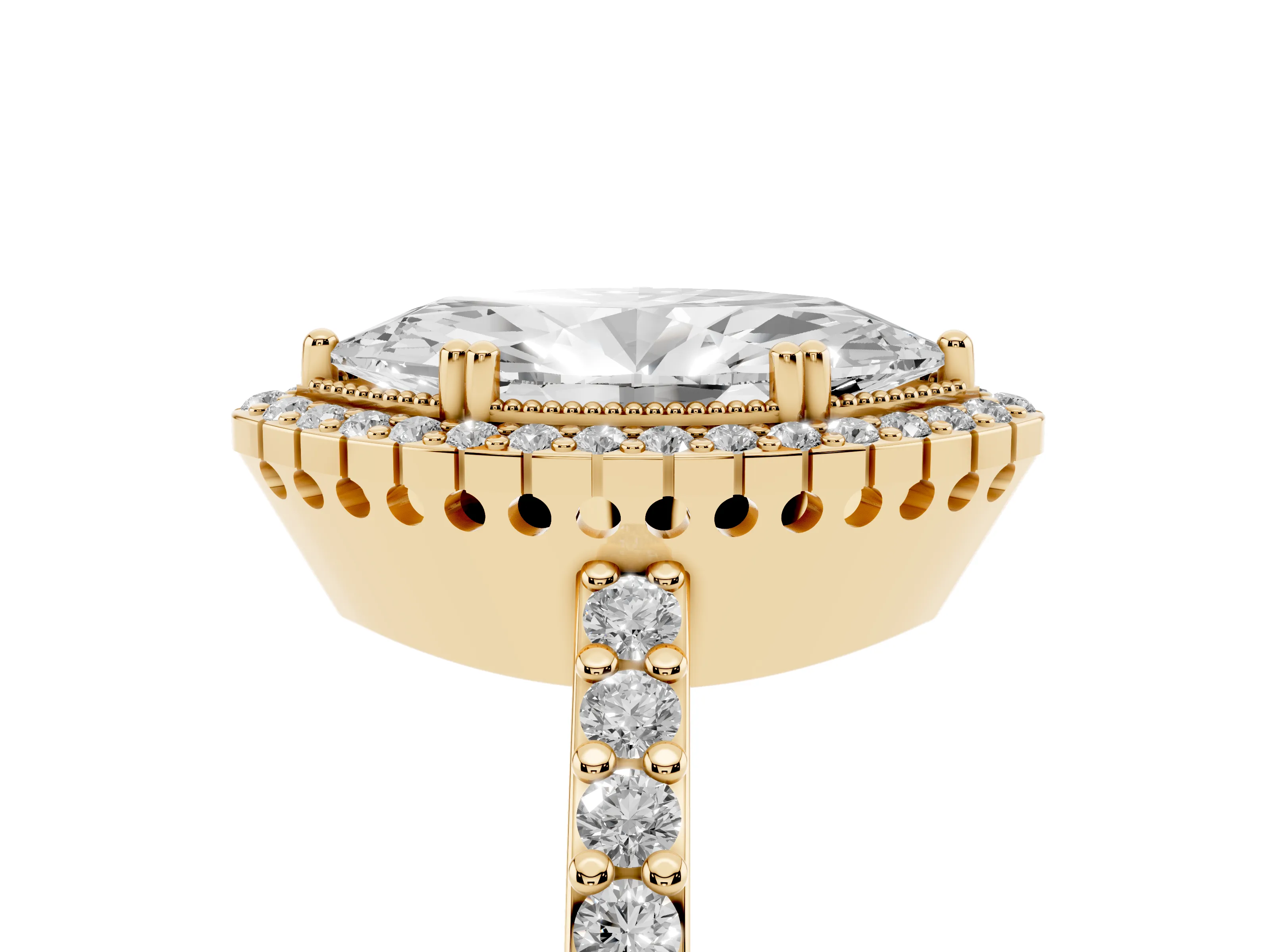 Marquise Cut Diamond Halo Engagement Ring Set in Yellow gold with Milgrain Detail and Pavé Band