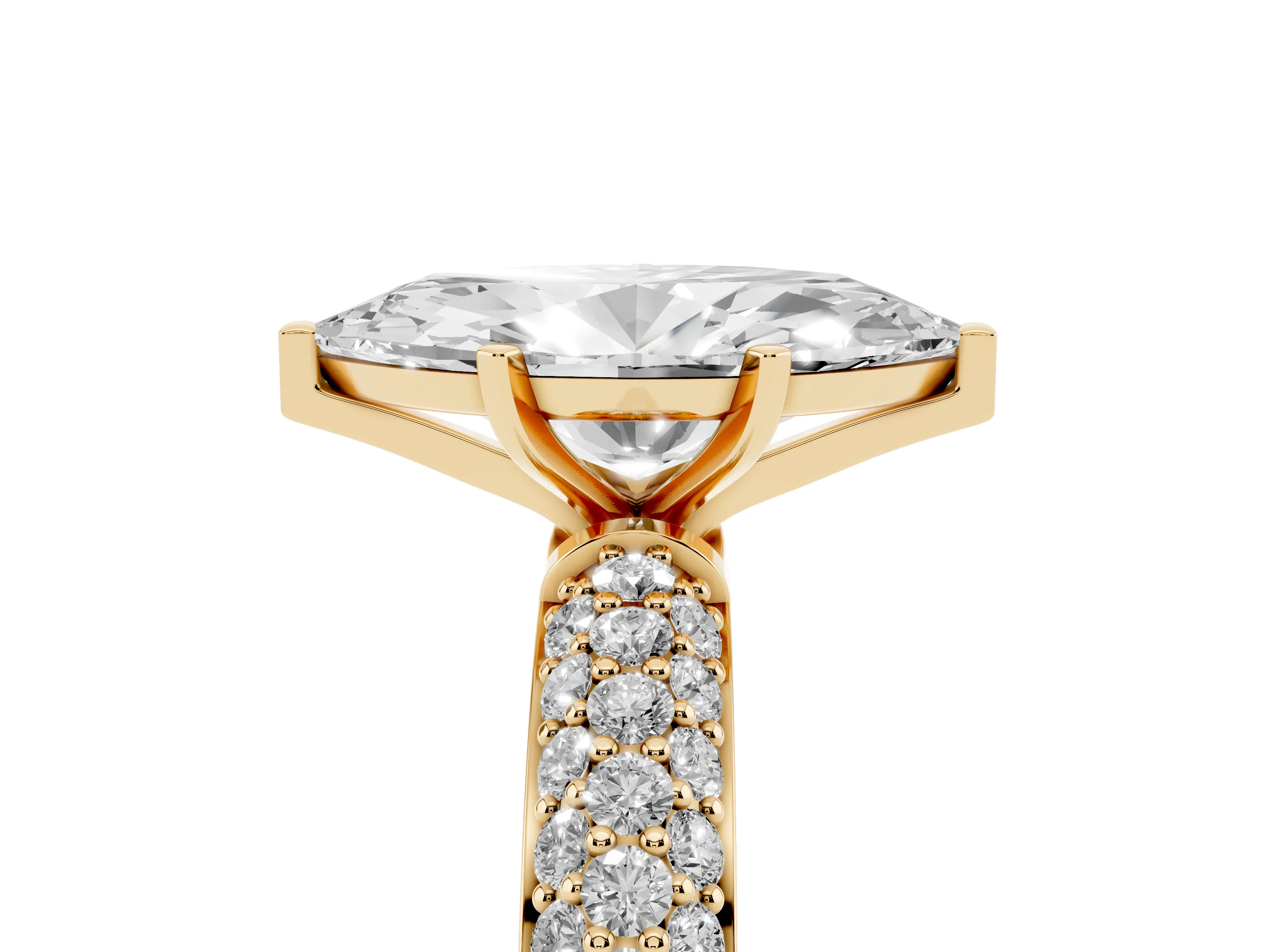 Marquise Cut Diamond Solitaire Ring Set in Yellow gold with Prong Setting and Pavé-Set Band