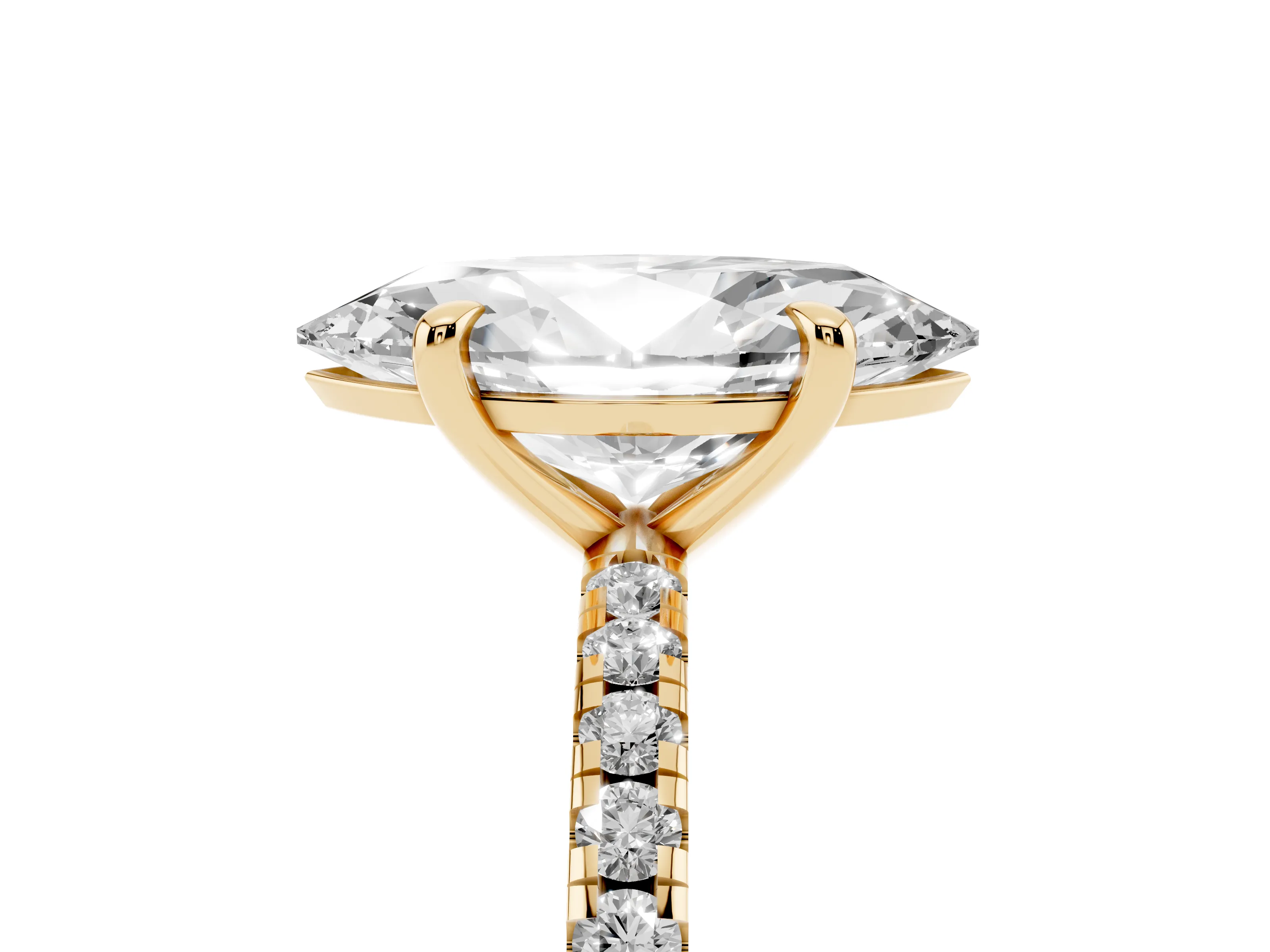 Marquise Cut Diamond Brilliant Solitaire Ring Set in Yellow gold with Pavé Band and Prong Setting
