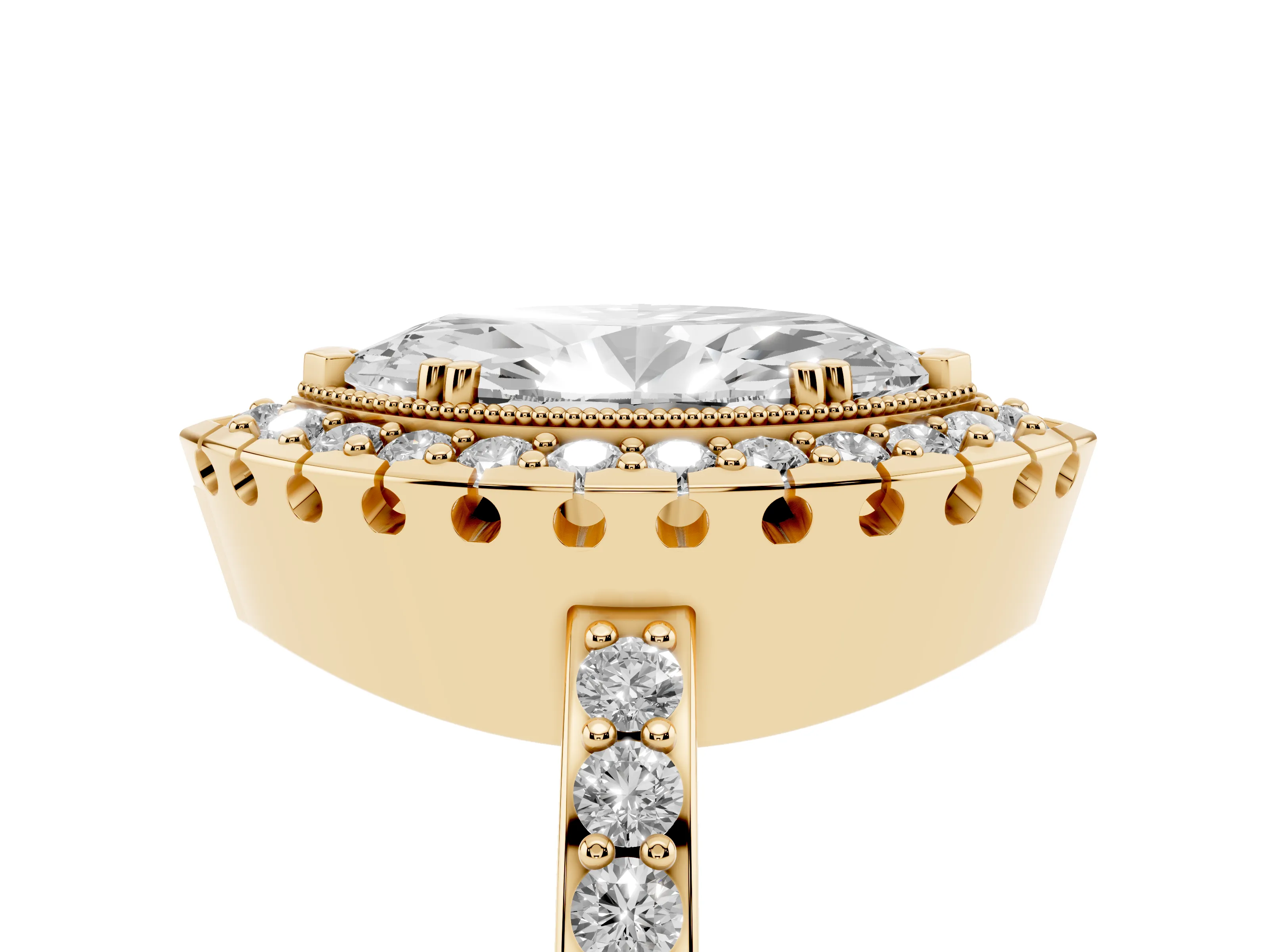 Marquise Cut Diamond Halo Ring Set in Yellow gold with Pavé Shank and Prong Setting