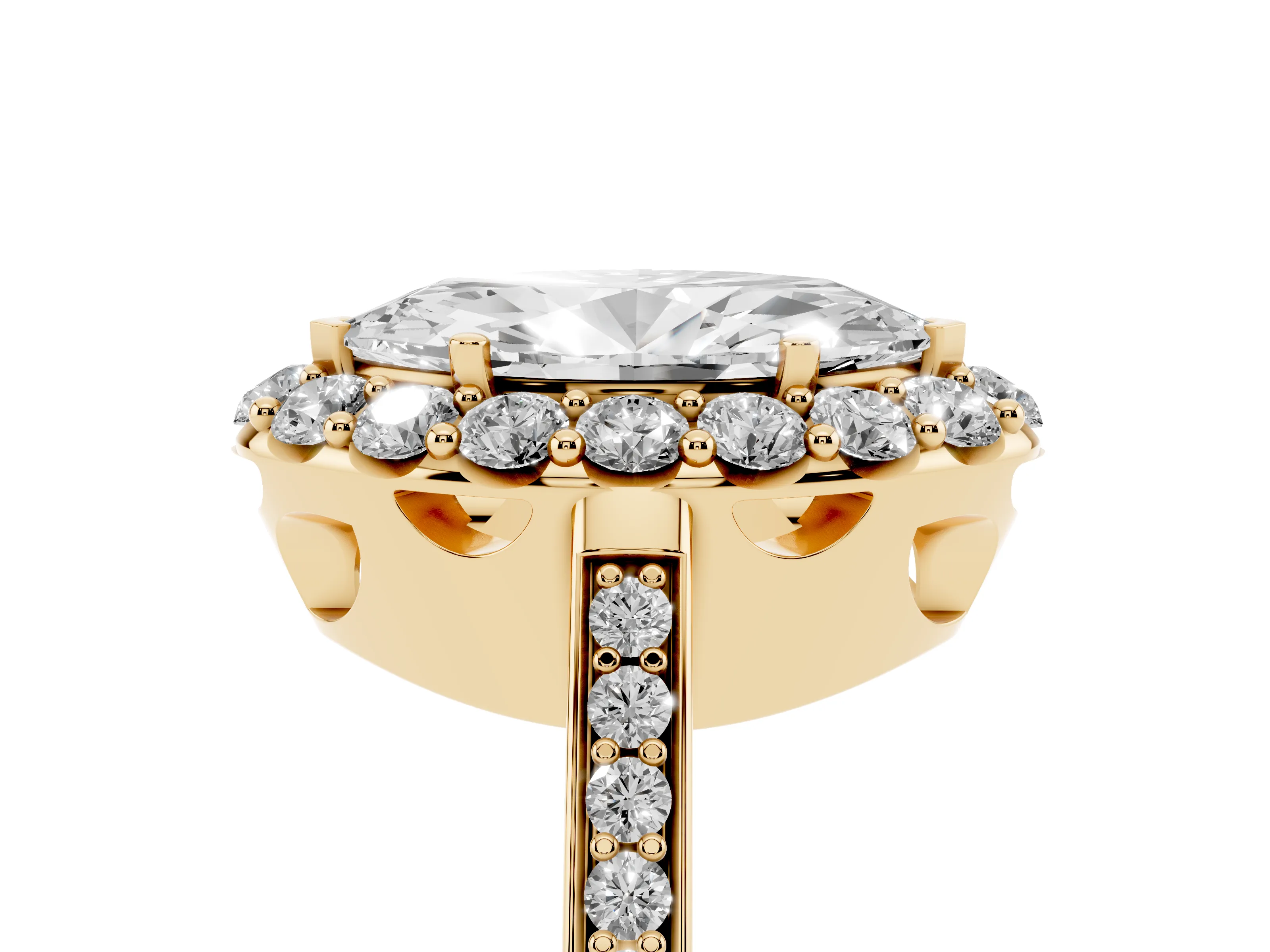 Marquise Cut Diamond Floral Halo Ring Set in Yellow gold with Pavé Band and Prong Setting