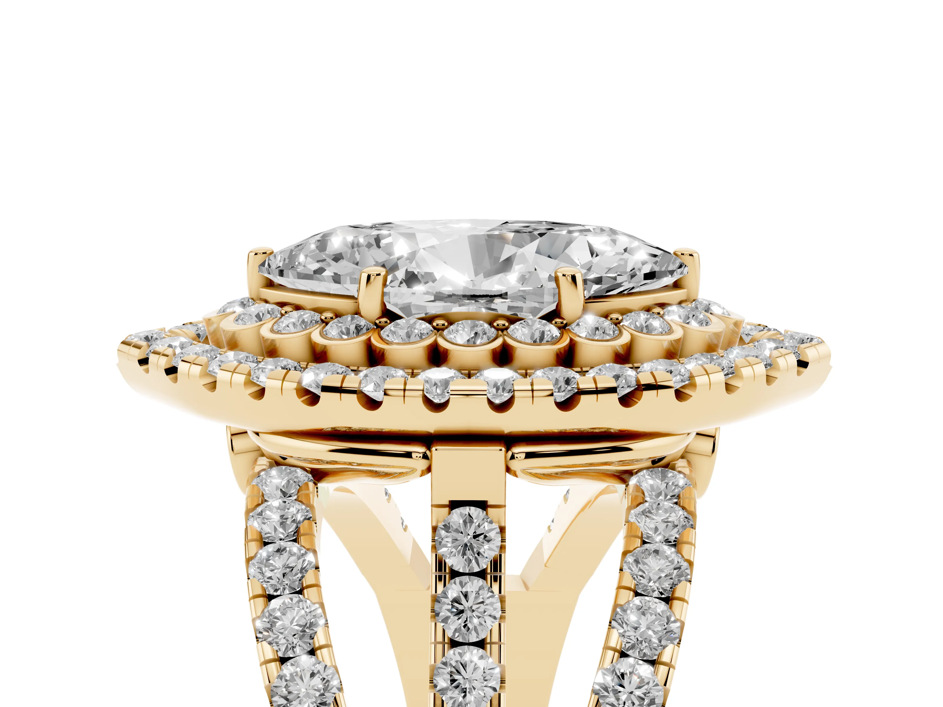 Marquise Cut Diamond Double Halo Ring Set in Yellow gold with Round Pavé Split Shank