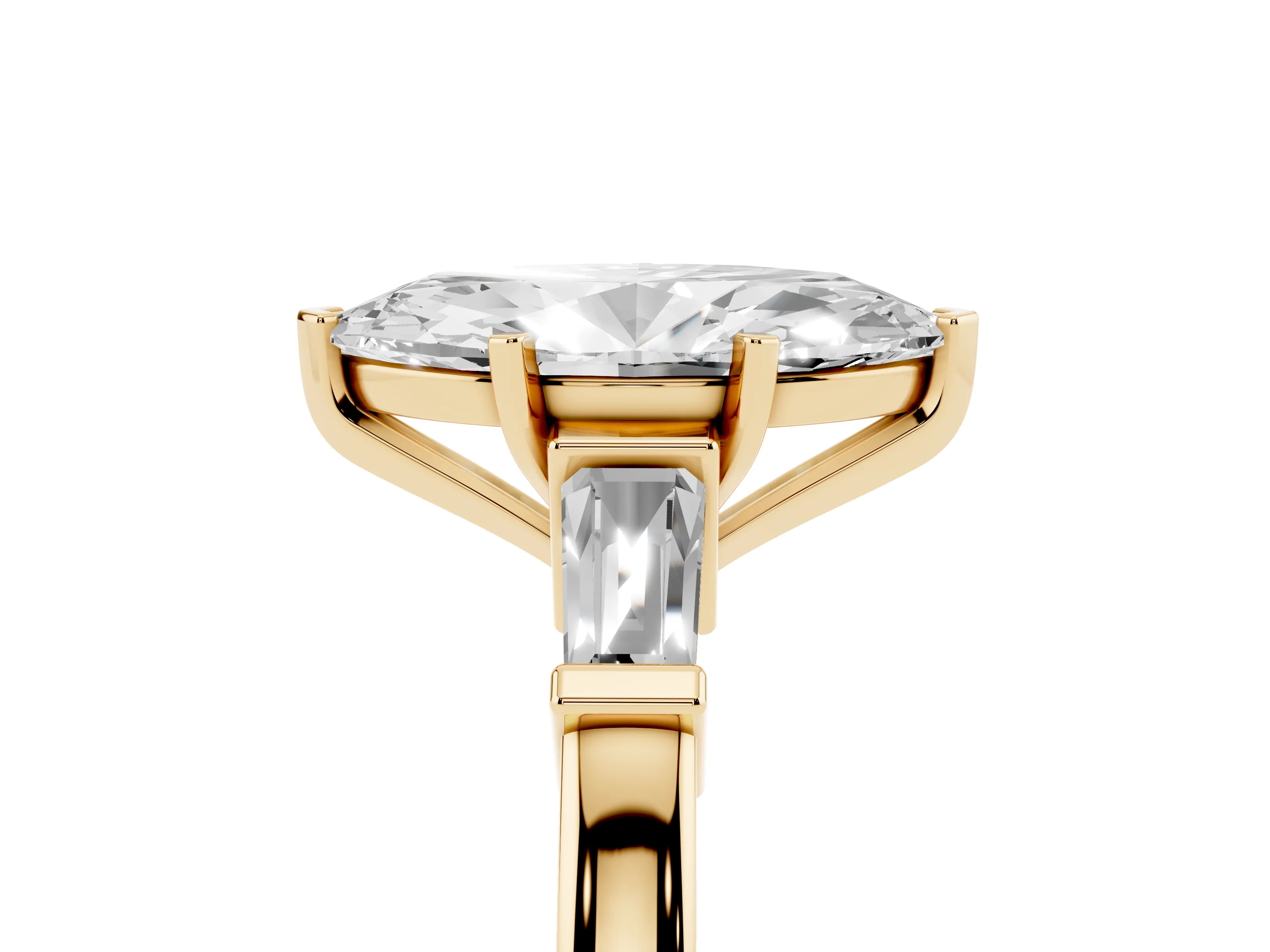 Marquise Cut Diamond Solitaire Ring Set in Yellow gold with Tapered Baguette Accents and Prong Setting