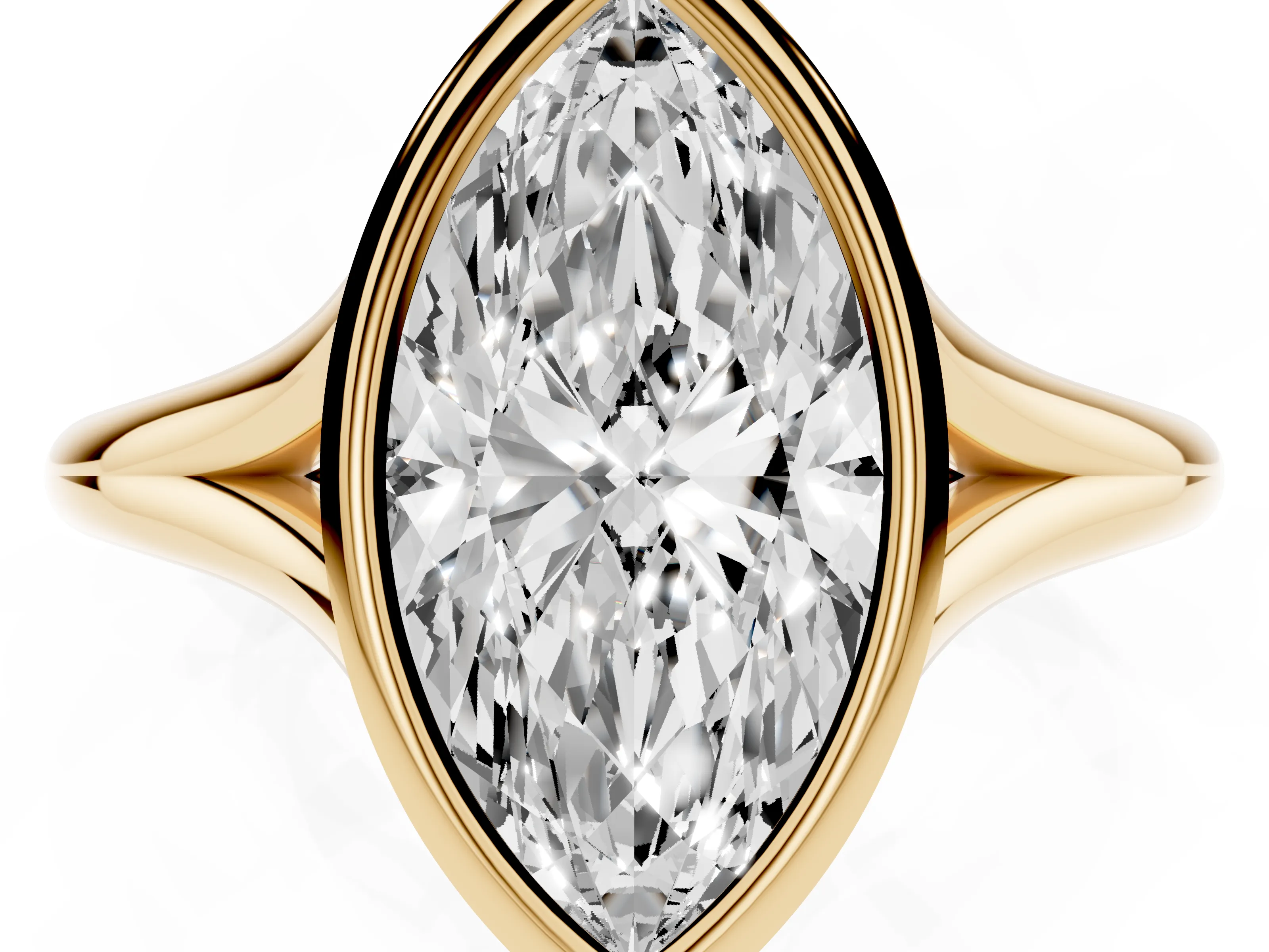 Bezel Set Marquise Cut Diamond Solitaire Ring Set in Yellow gold with Tapered Band