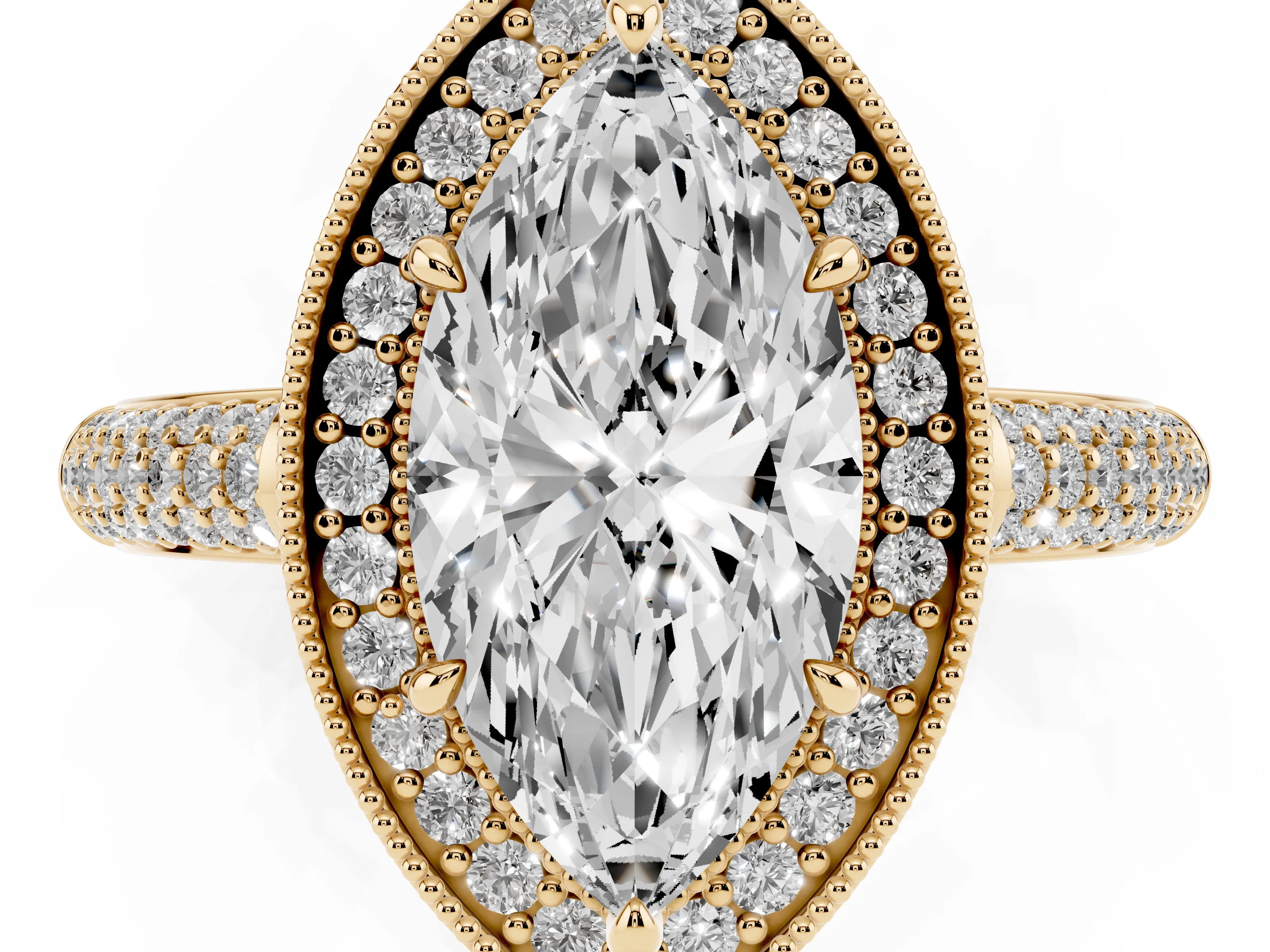 Marquise Cut Diamond Halo Pavé Band Set in Yellow gold with Prong Setting