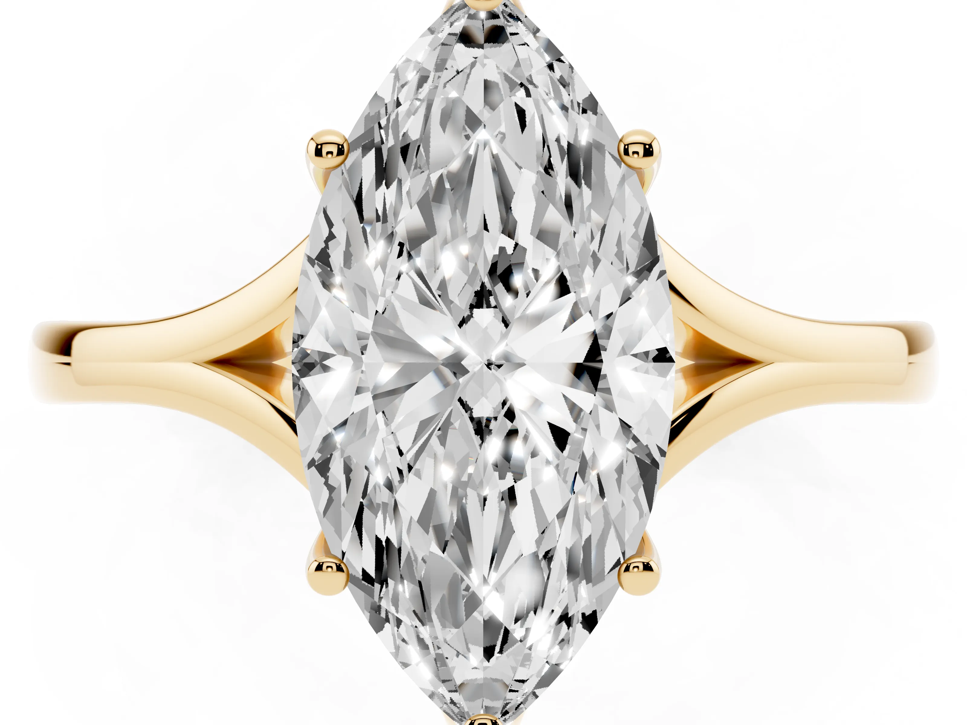 Marquise Cut Diamond Solitaire Ring Set in Yellow gold with Polished Tapered Band and Prong Setting