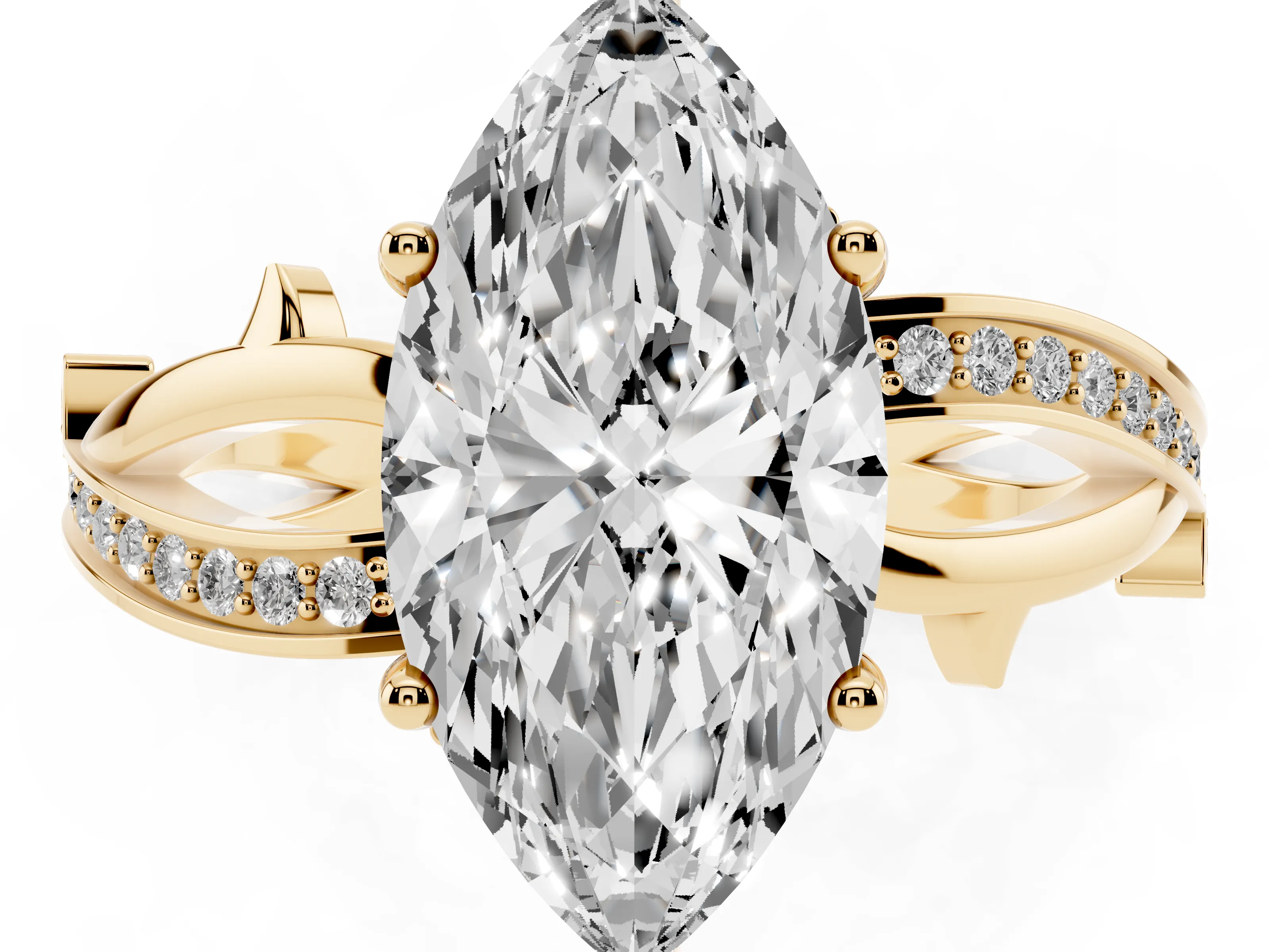 Marquise Cut Diamond Pavé Twist Band Solitaire Ring Set in Yellow gold with Prong Setting