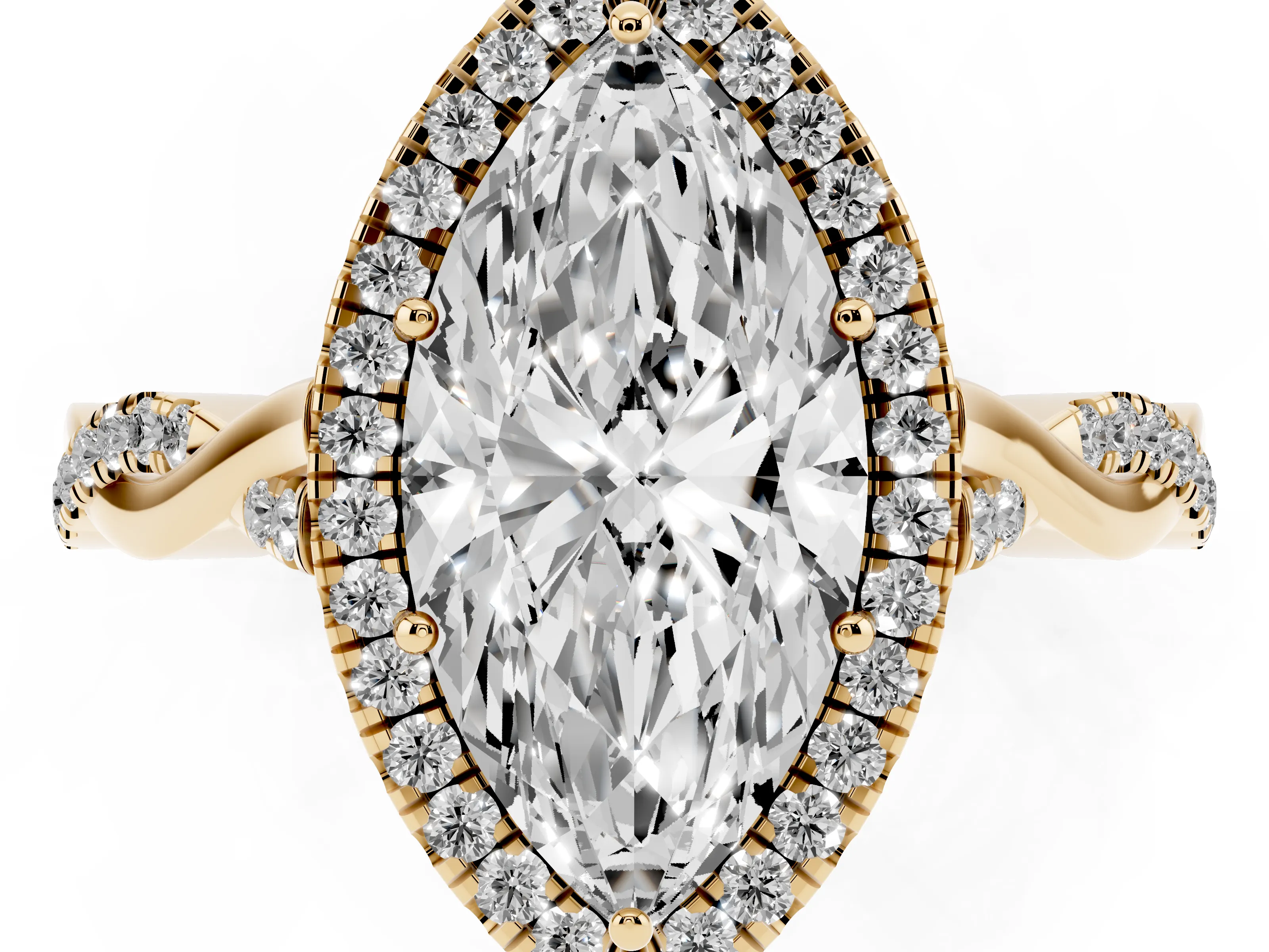 Marquise Cut Diamond Halo Twist Band Solitaire Ring Set in Yellow gold with Prong Setting