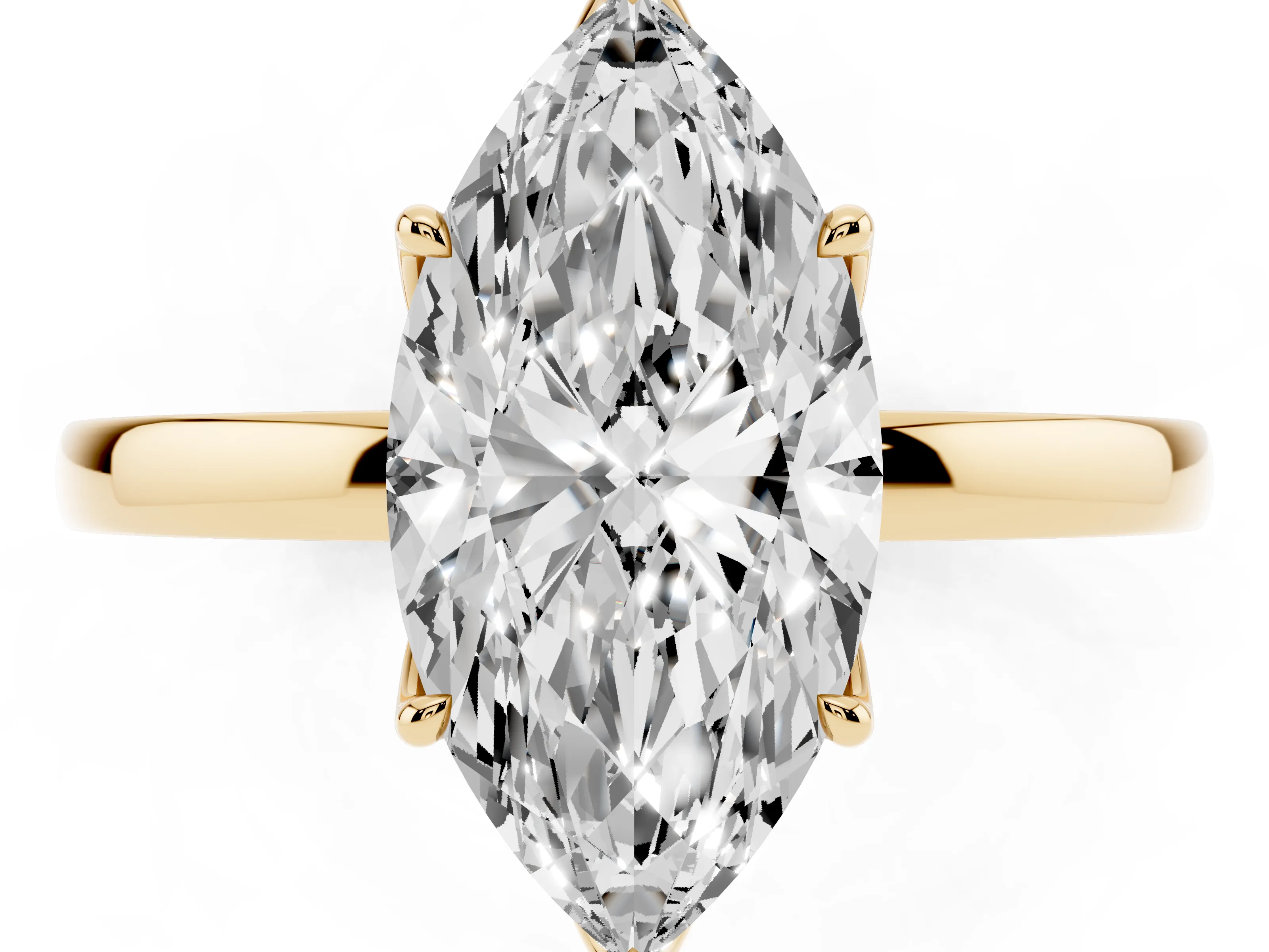 Marquise Cut Diamond Solitaire Ring Set in Yellow gold with Prong Setting and Thin Polished Band