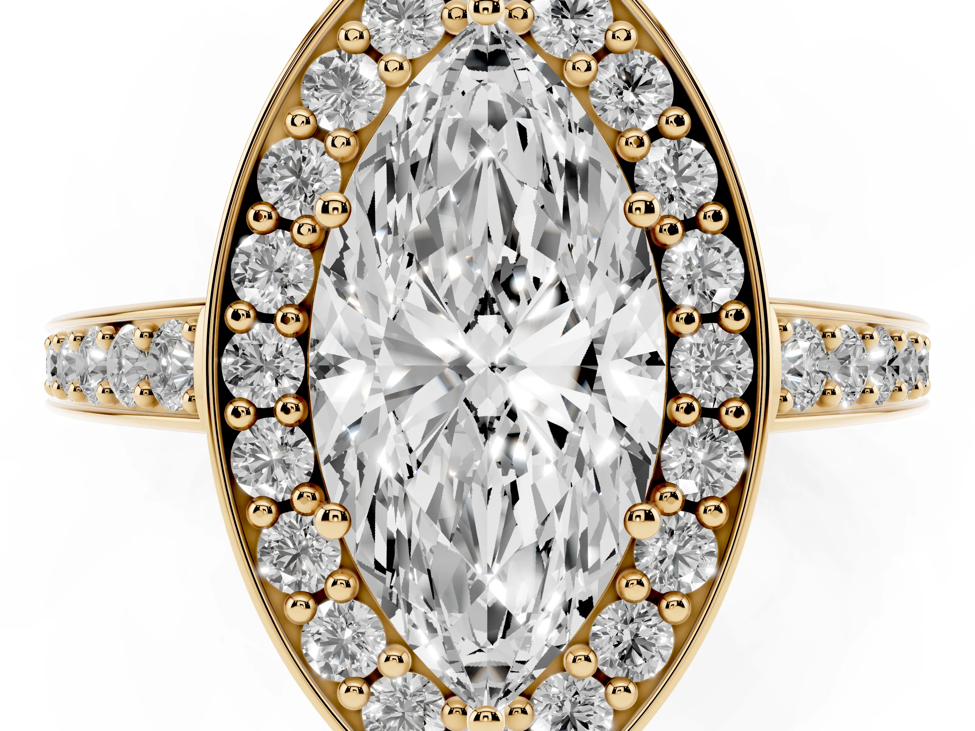 Marquise Cut Diamond Halo Pavé Engagement Ring Set in Yellow gold with Bezel Setting