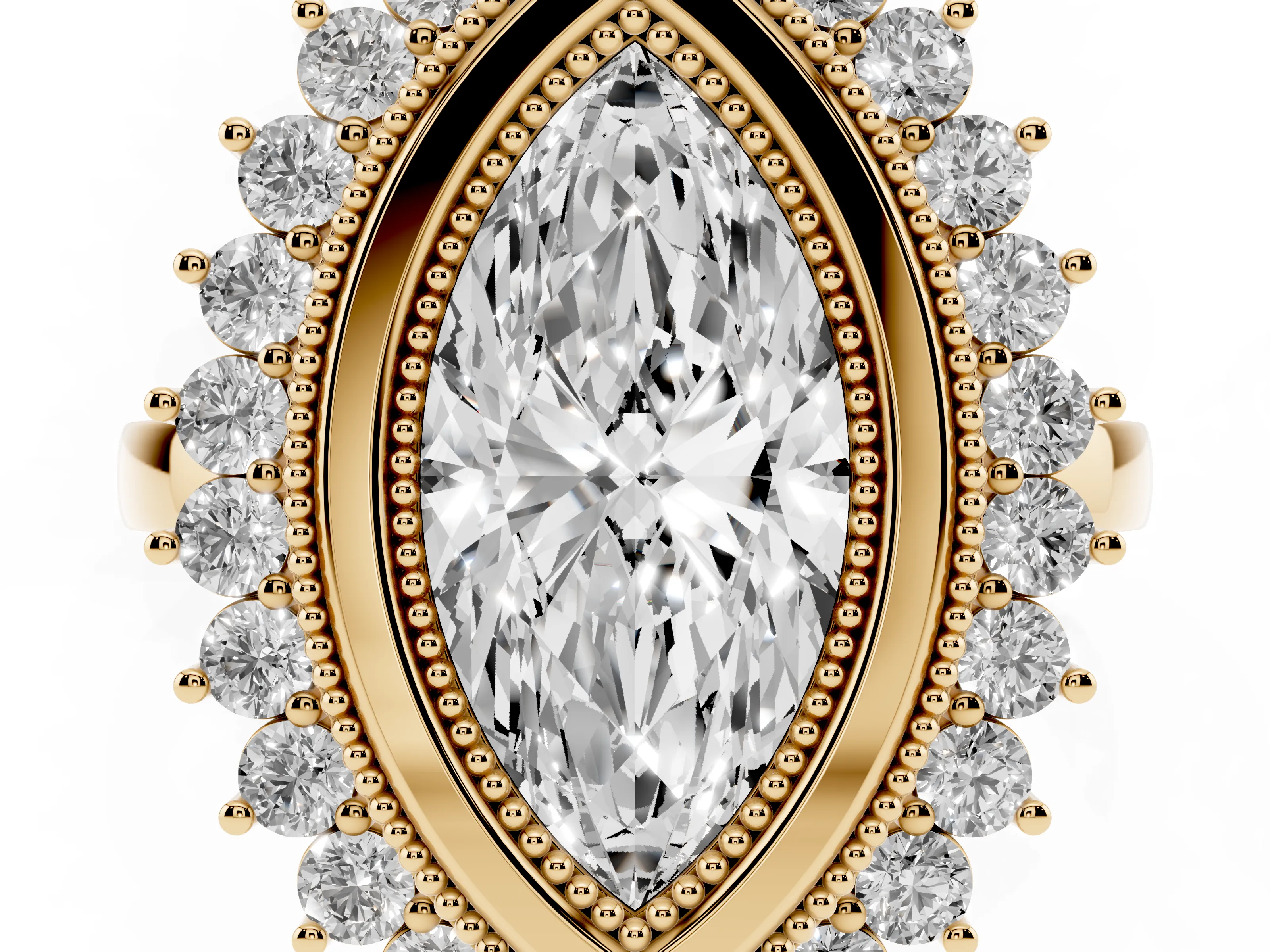 Marquise Cut Diamond Halo Ring Set in Yellow gold with Milgrain Edge and Round Prong Setting