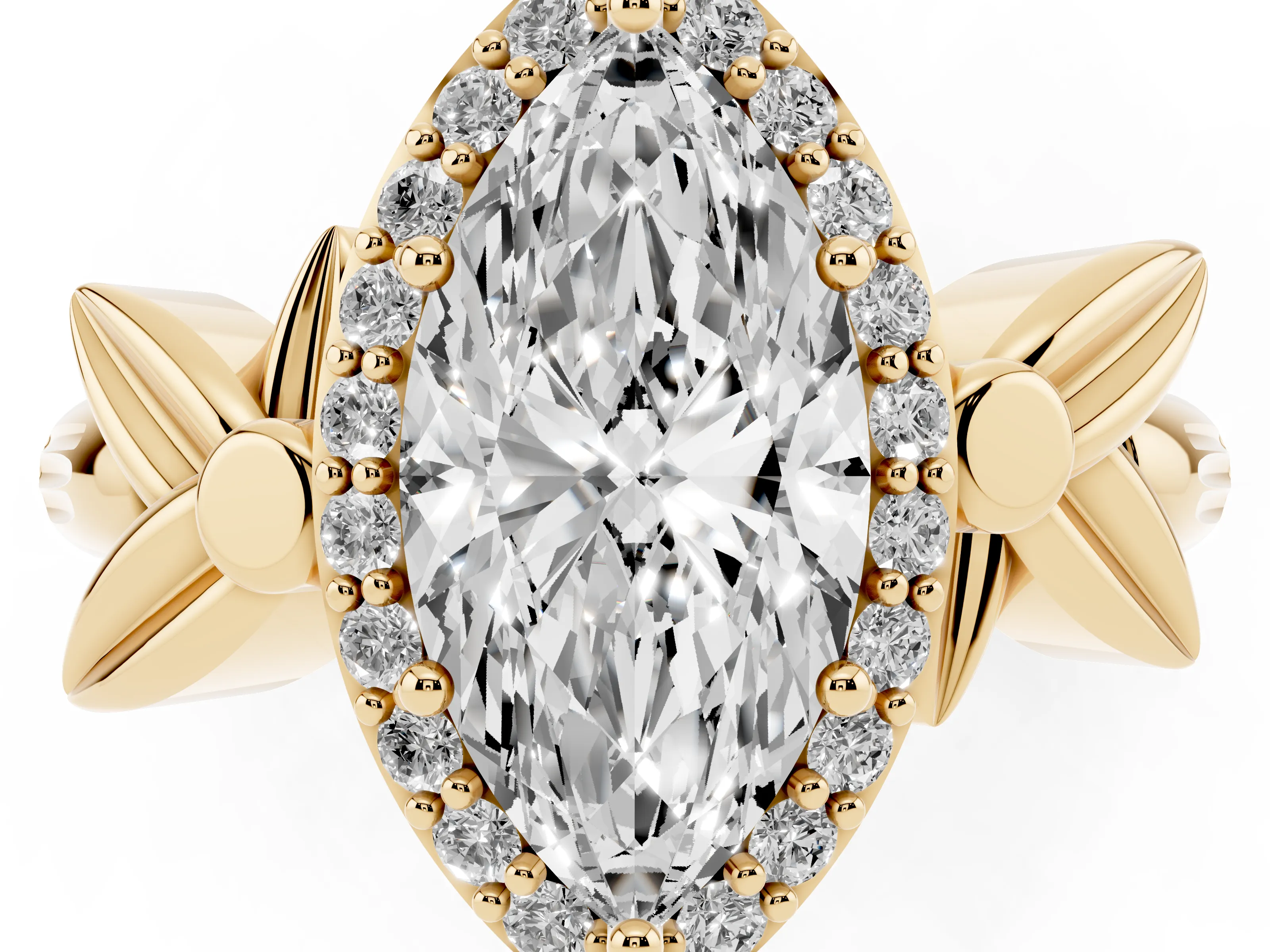 Marquise Cut Diamond Halo Floral Band Ring Set in Yellow gold with Prong Setting