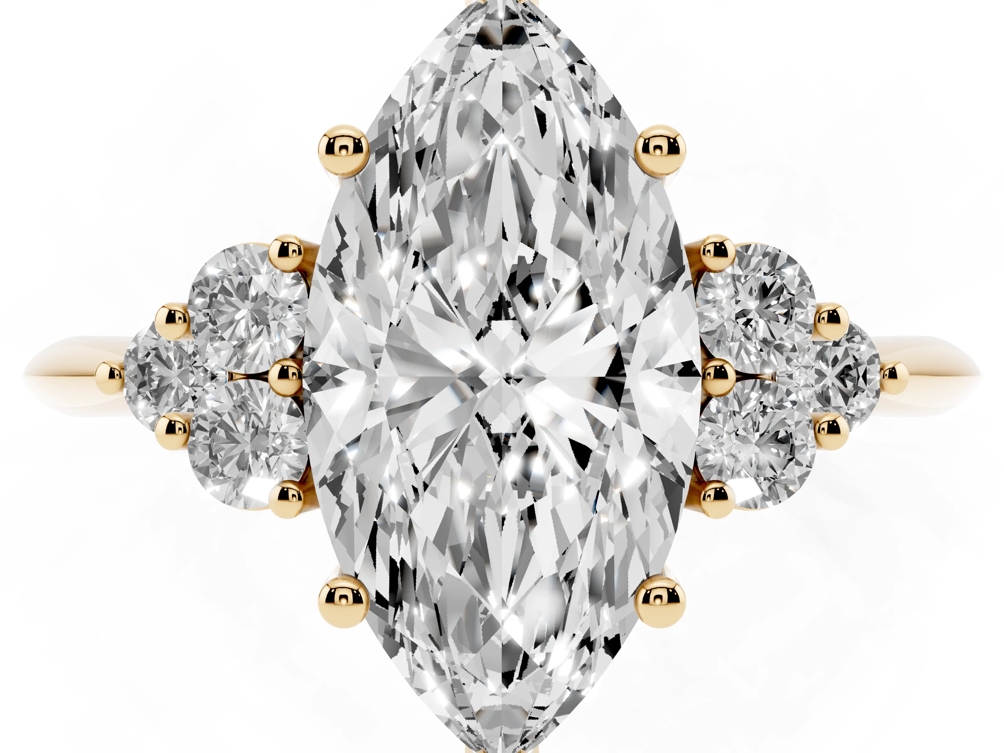 Marquise Cut Diamond Cluster Ring Set in Yellow gold with Plain Band and Prong Setting