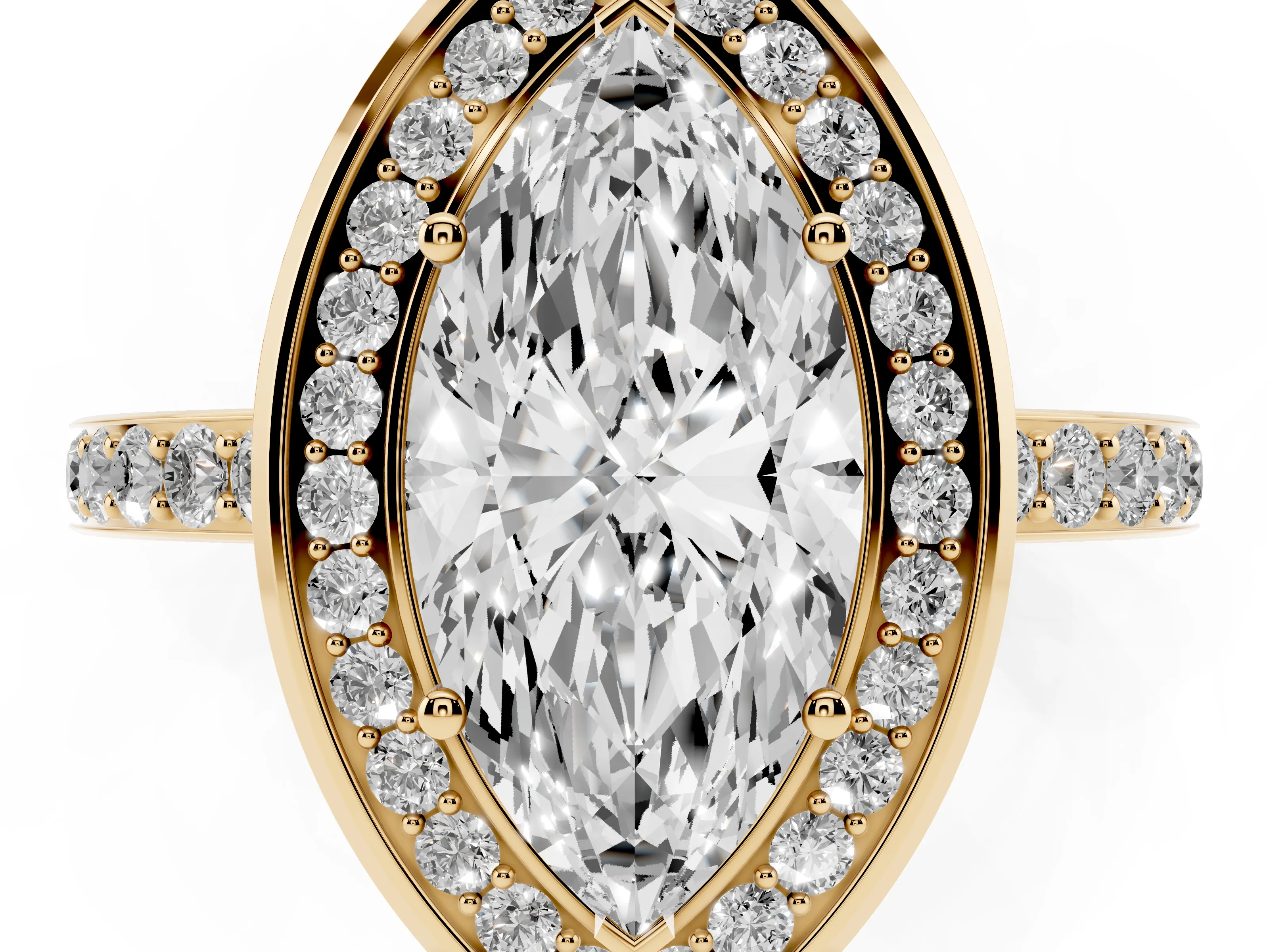 Marquise Cut Diamond Halo Ring Set in Yellow gold with Bezel Frame and Pavé Band
