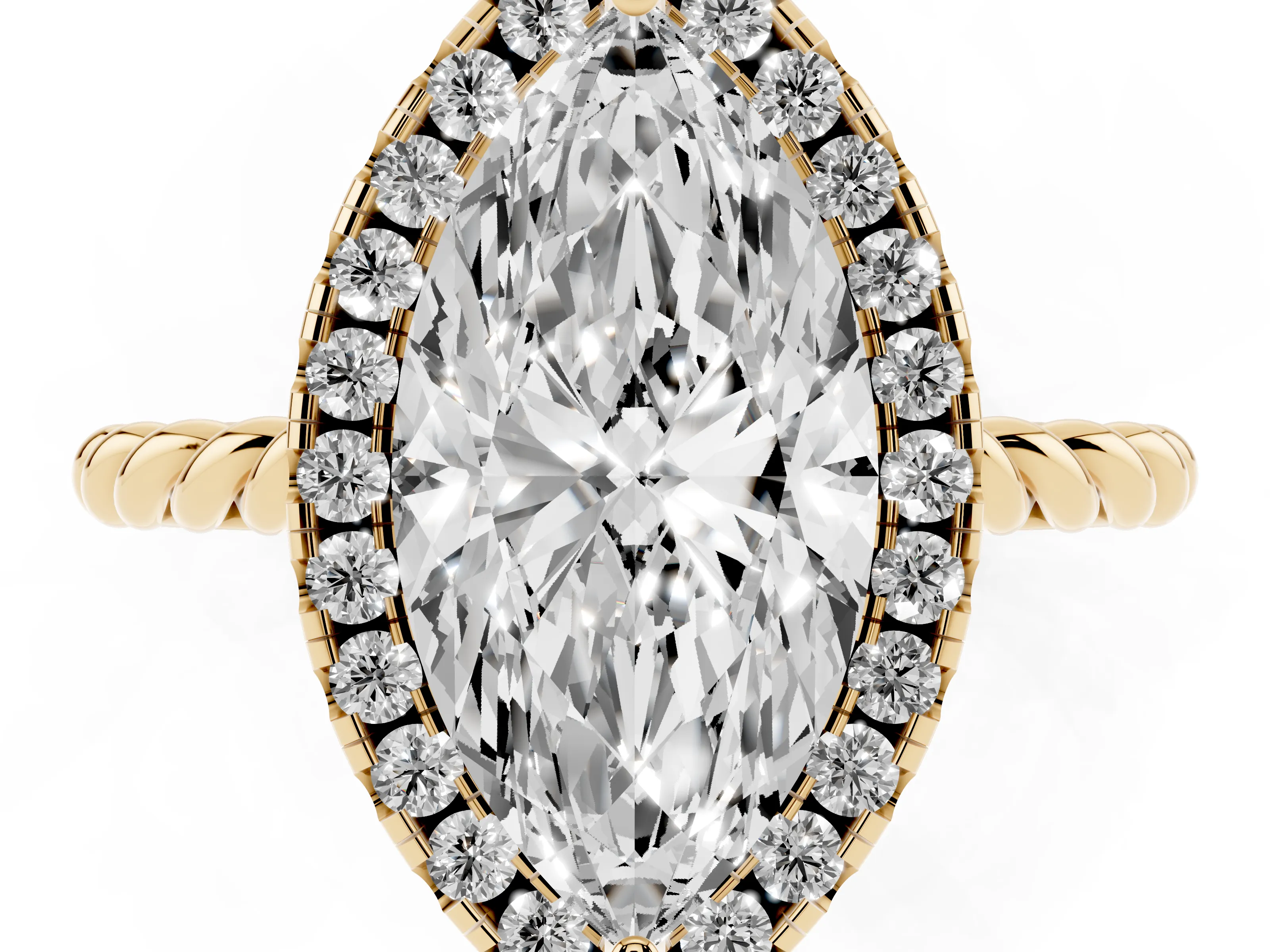 Marquise Cut Diamond Halo Ring Set in Yellow gold with Plain Twisted Band