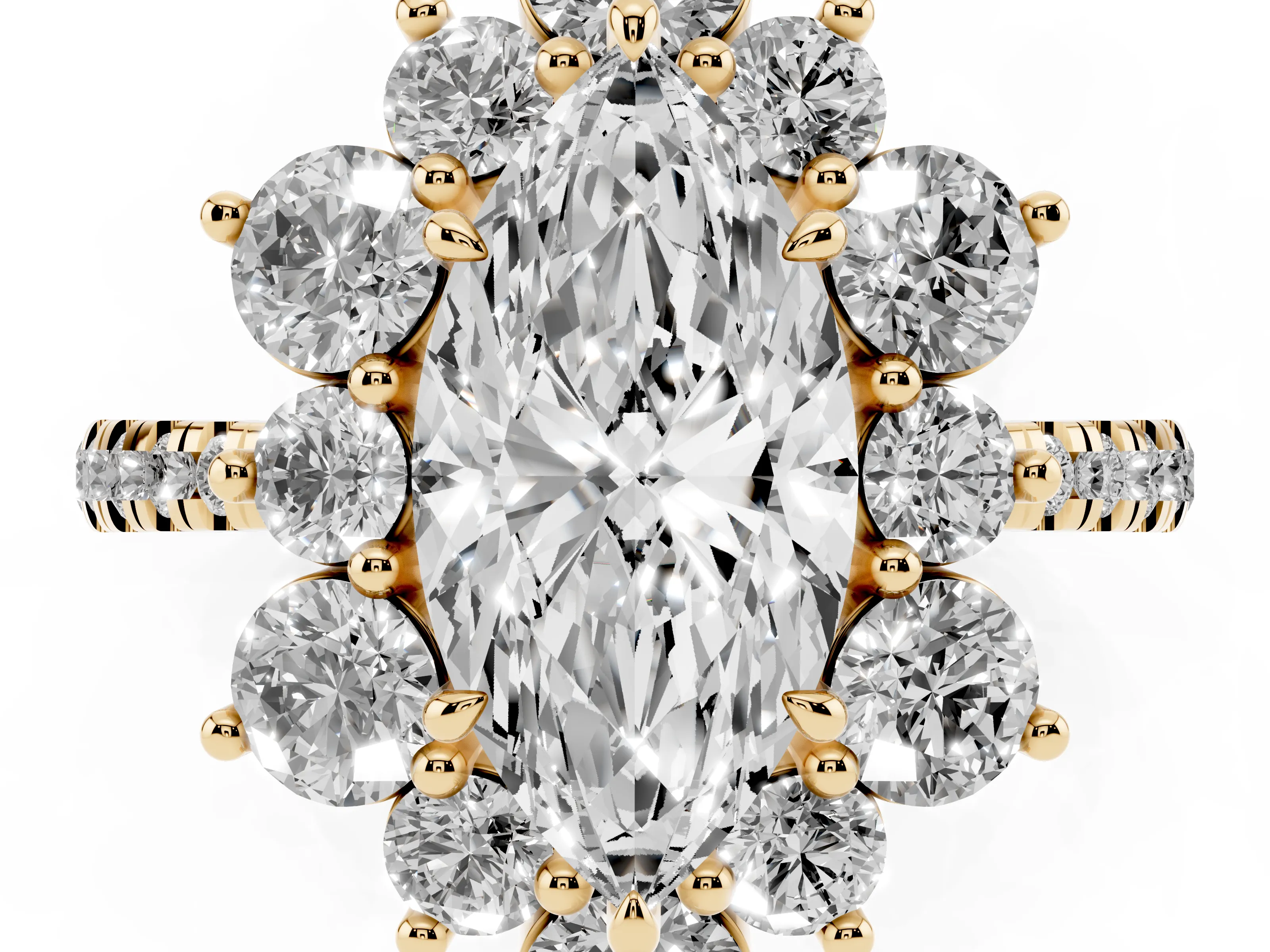 Marquise Cut Diamond Floral Halo Ring Set in Yellow gold with Round Pavé Band and Prong Setting