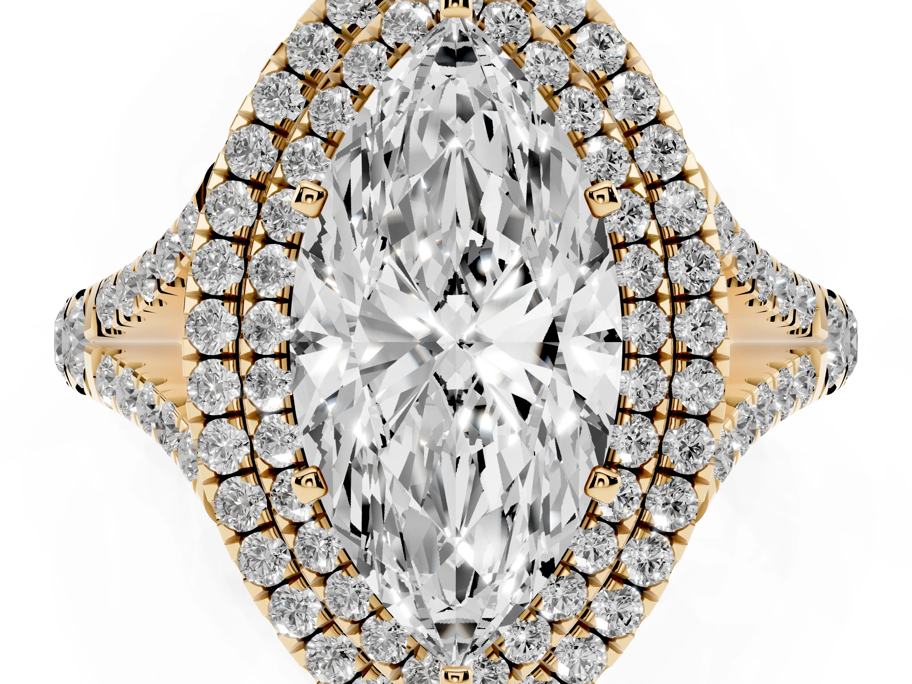 Marquise Cut Diamond Pavé Split Shank Double Halo Engagement Ring Set in Yellow gold