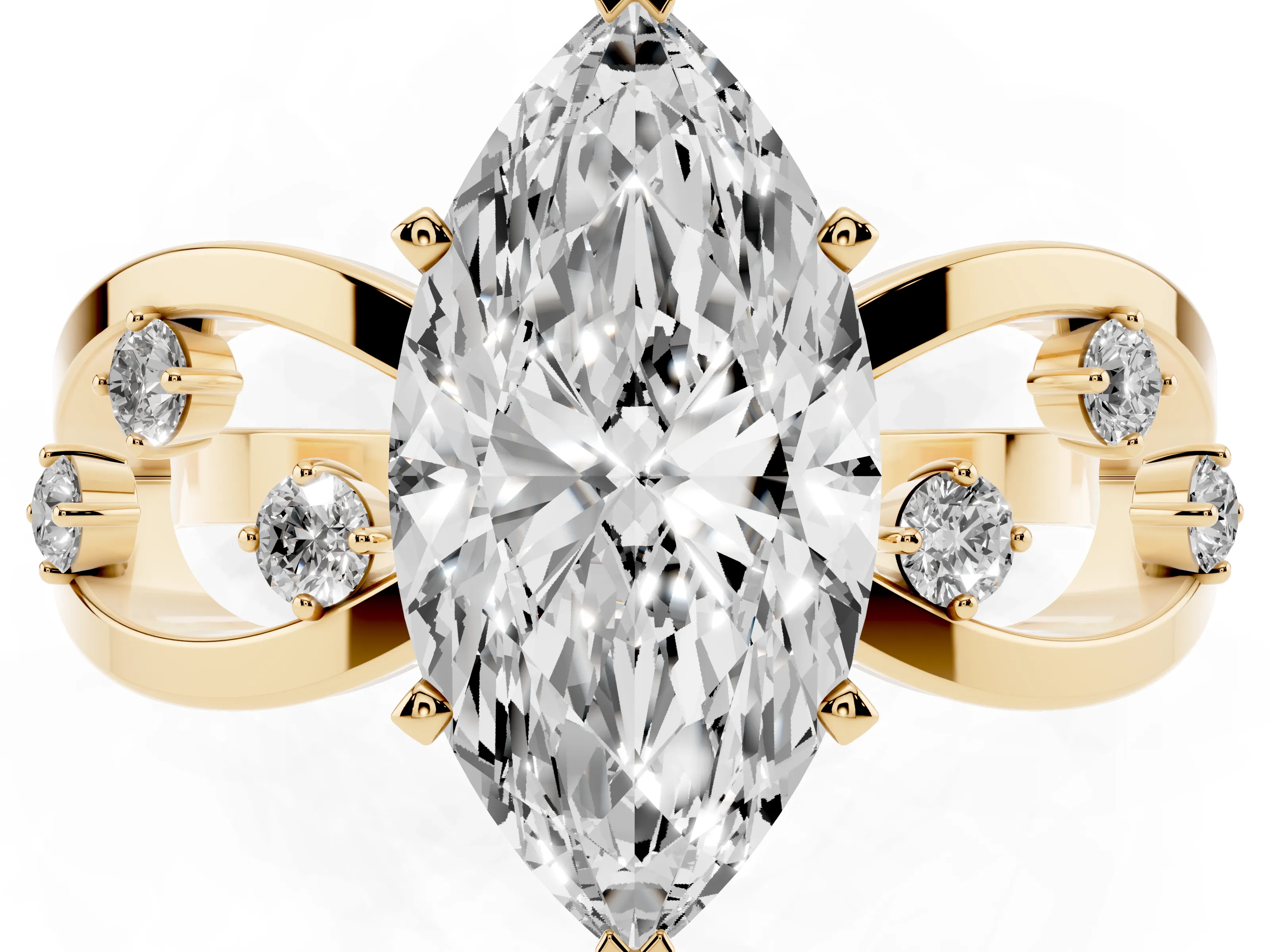 Marquise Cut Diamond Solitaire Ring Set in Yellow gold with Side Stones on Criss-Cross Band and Prong Setting