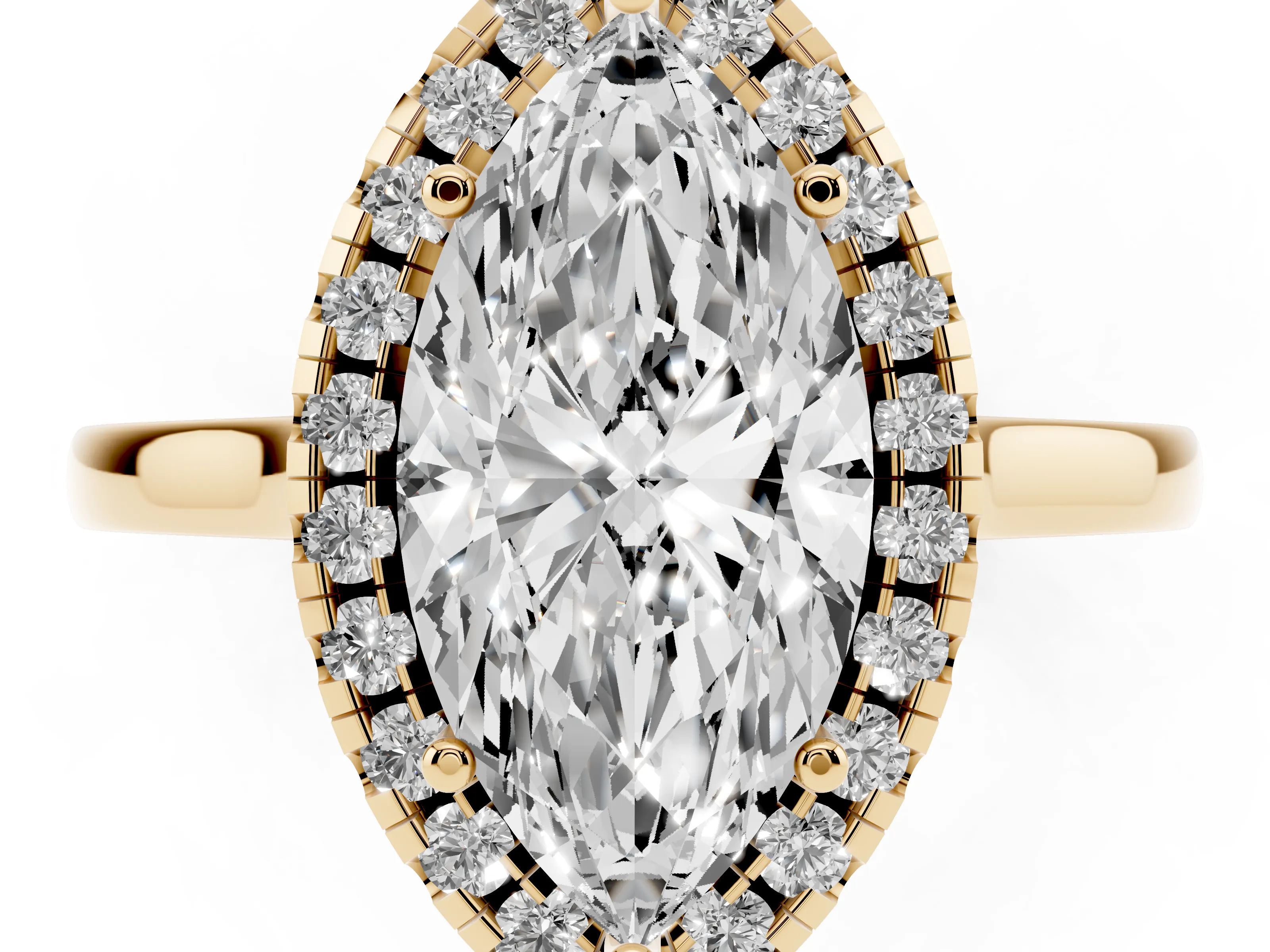 Marquise Cut Halo Round Diamond Solitaire Ring Set in Yellow gold with Pavé Band and Prong Setting