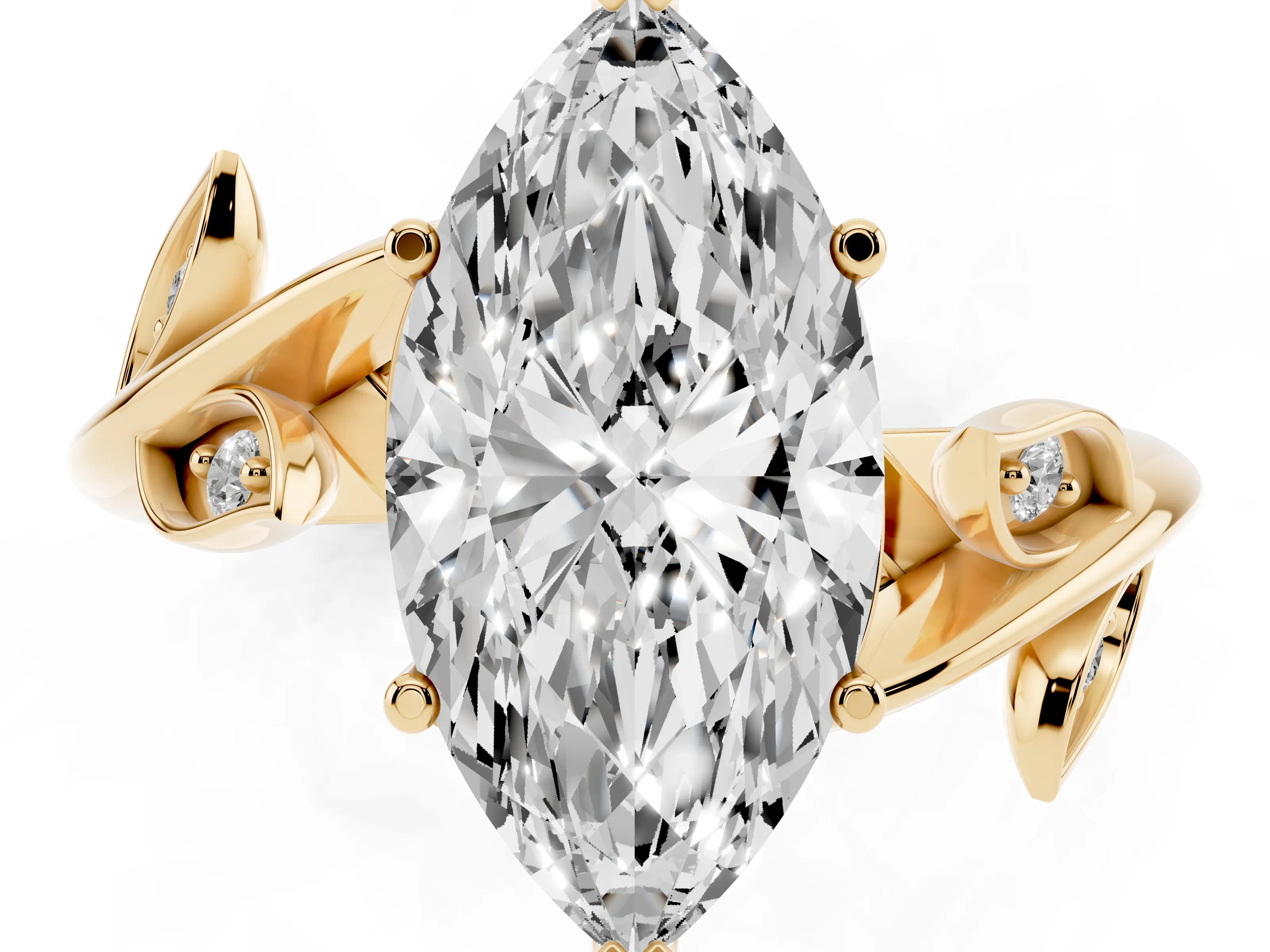 Marquise Cut Diamond Solitaire Twist Engagement Ring Set in Yellow gold with Pavé Leaf Accents