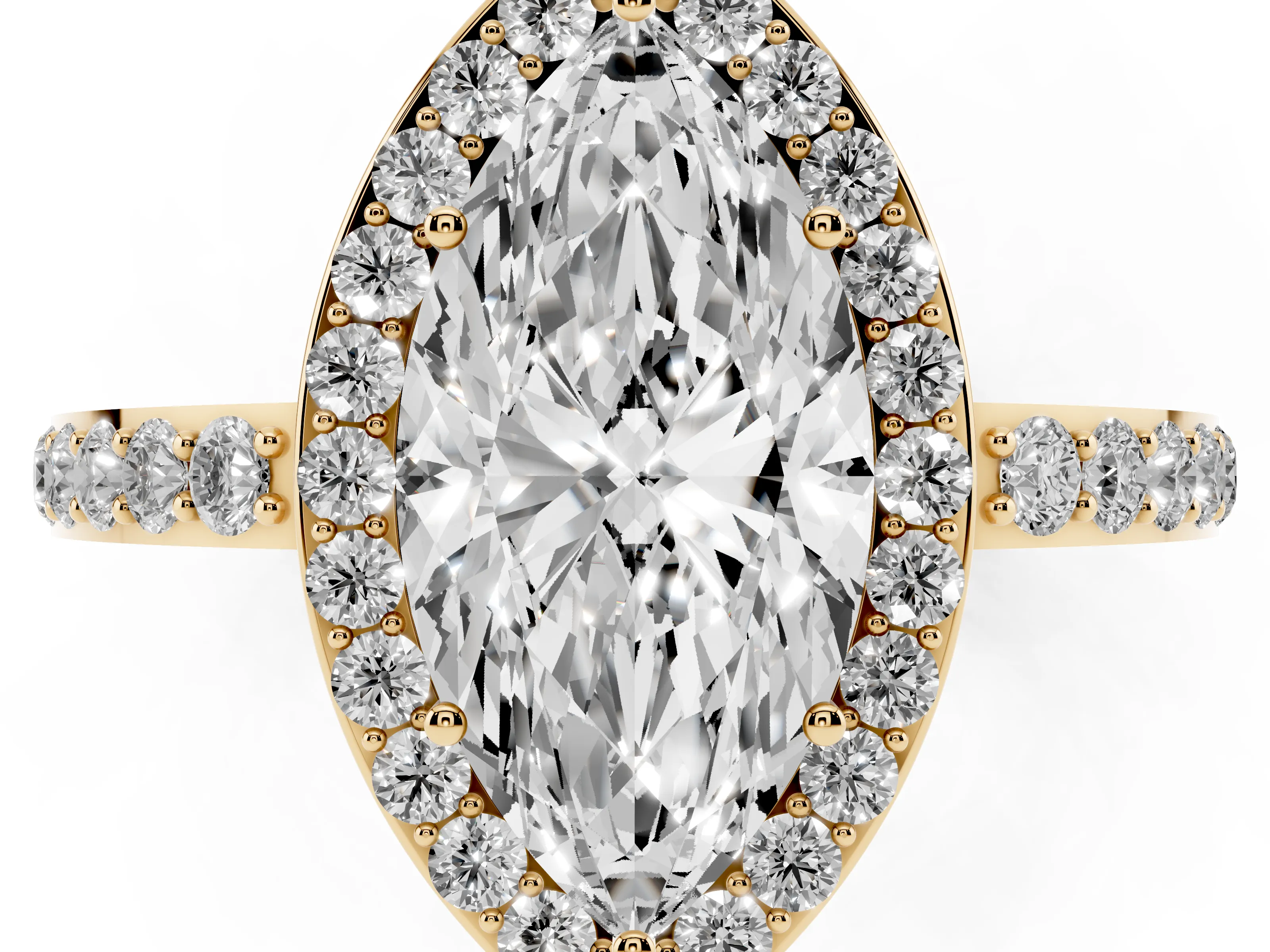 Marquise Cut Diamond Halo Ring Set in Yellow gold with Pavé-Setting Band and Open Prong Center