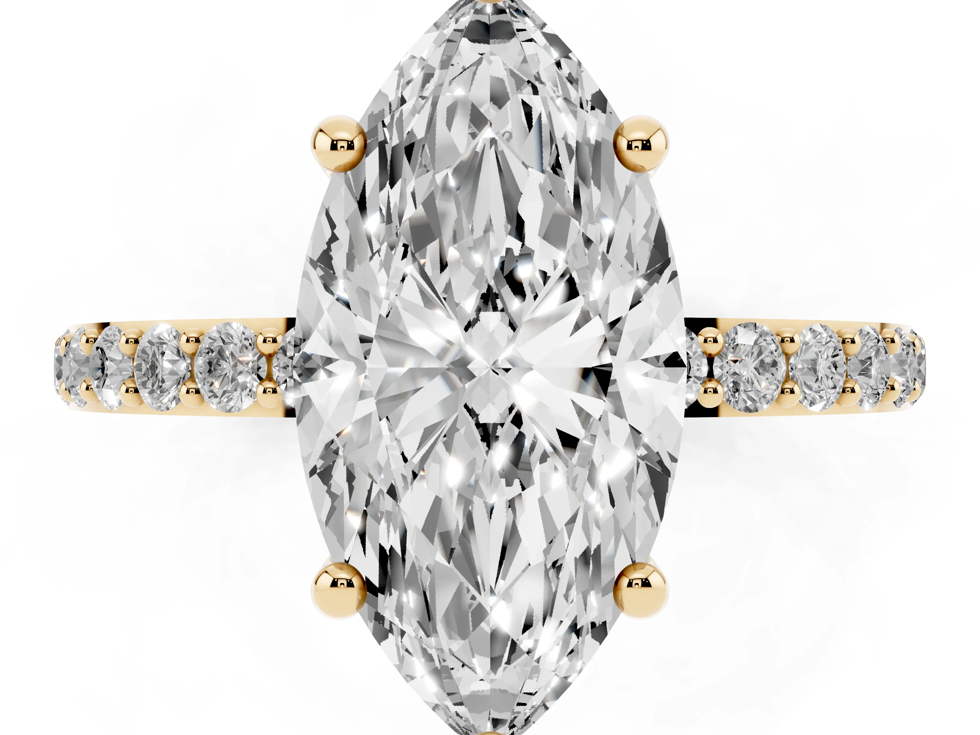 Marquise Cut Diamond Solitaire Ring Set in Yellow gold with Round Pavé Band and Prong Setting