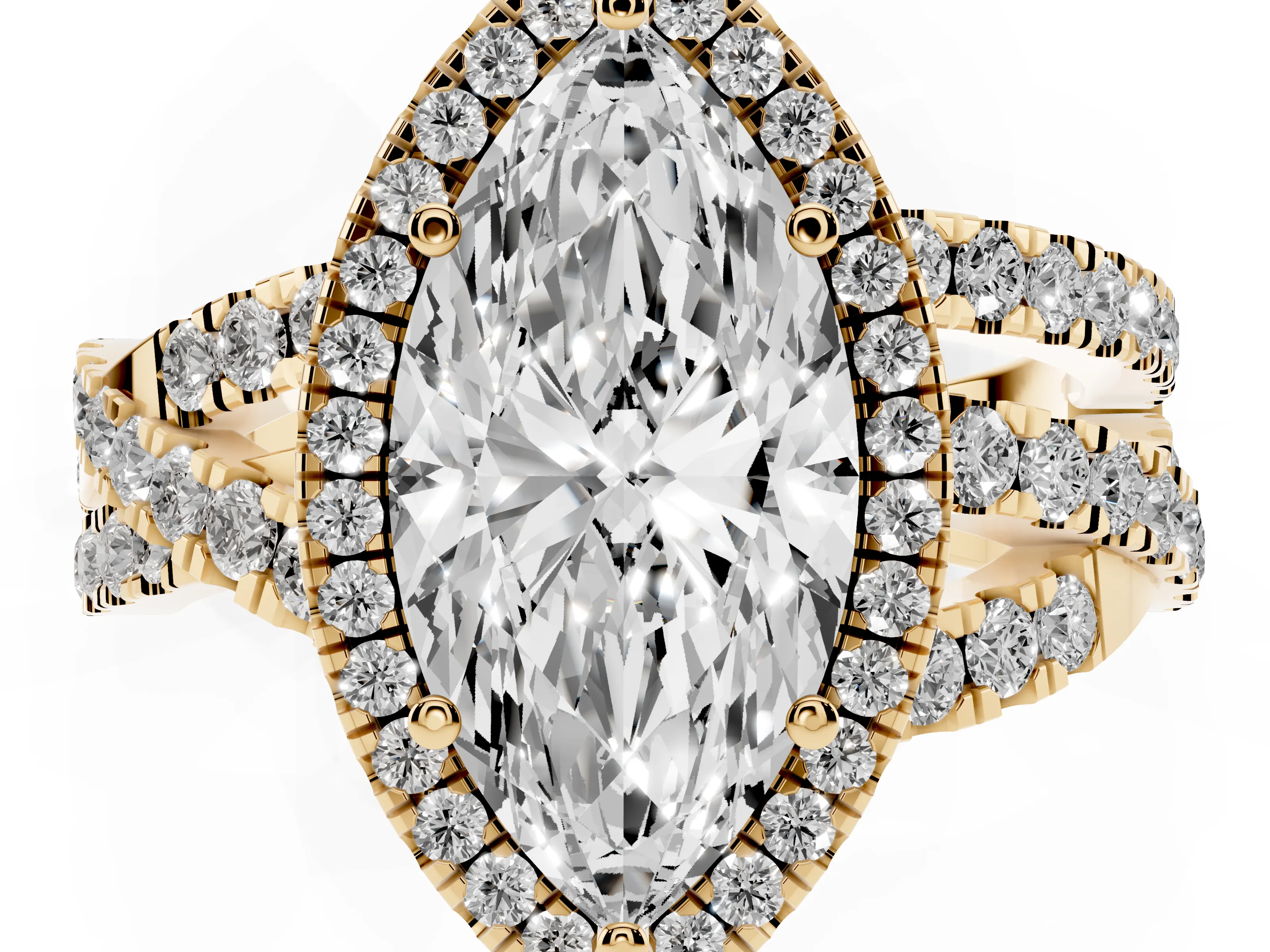 Marquise Cut Diamond Halo Ring Set in Yellow gold with Round Crossover Split Shank and Prong Setting